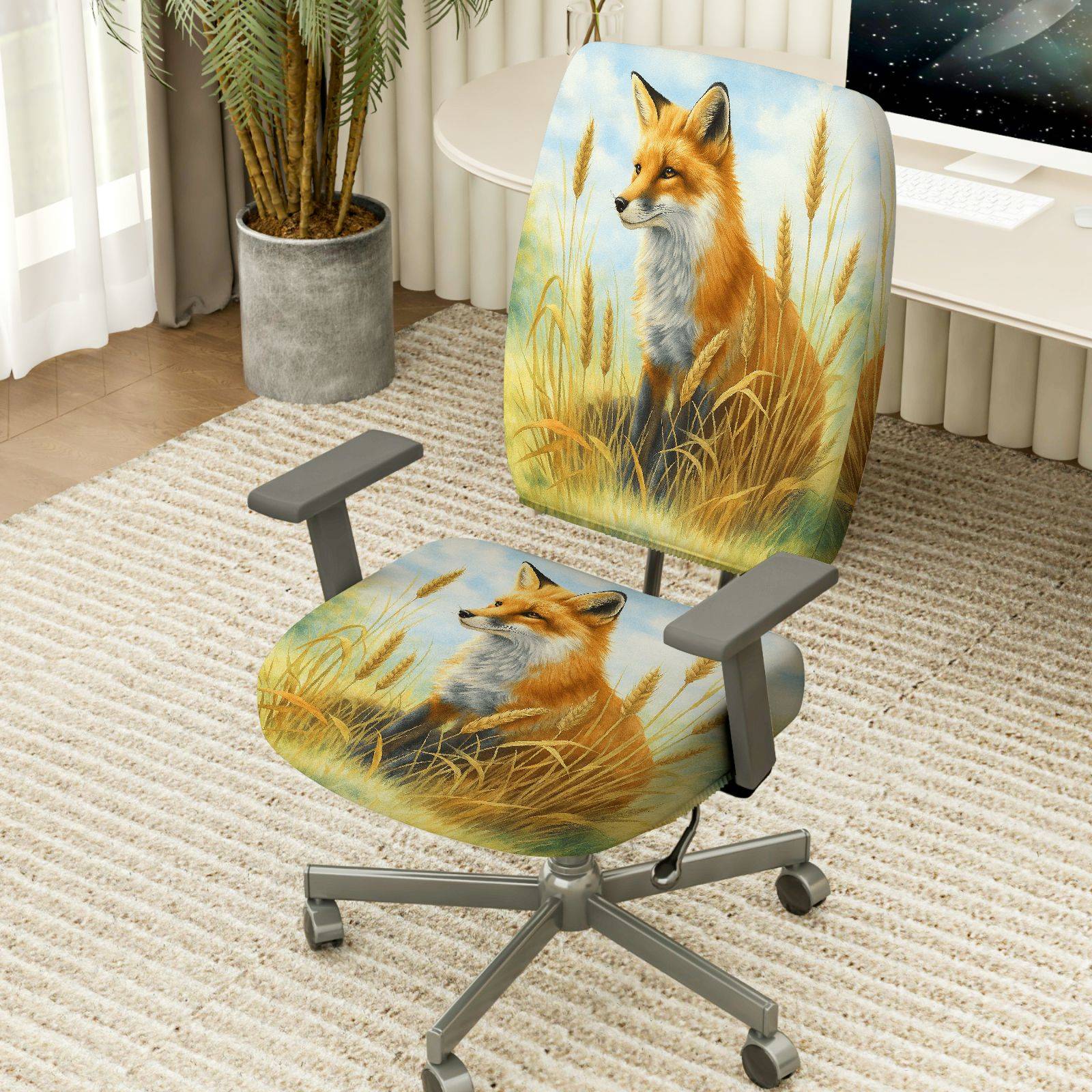2-Piece Animal Nature Landscape Fox Grass  Computer Chair Cover Set, Seat and Backrest