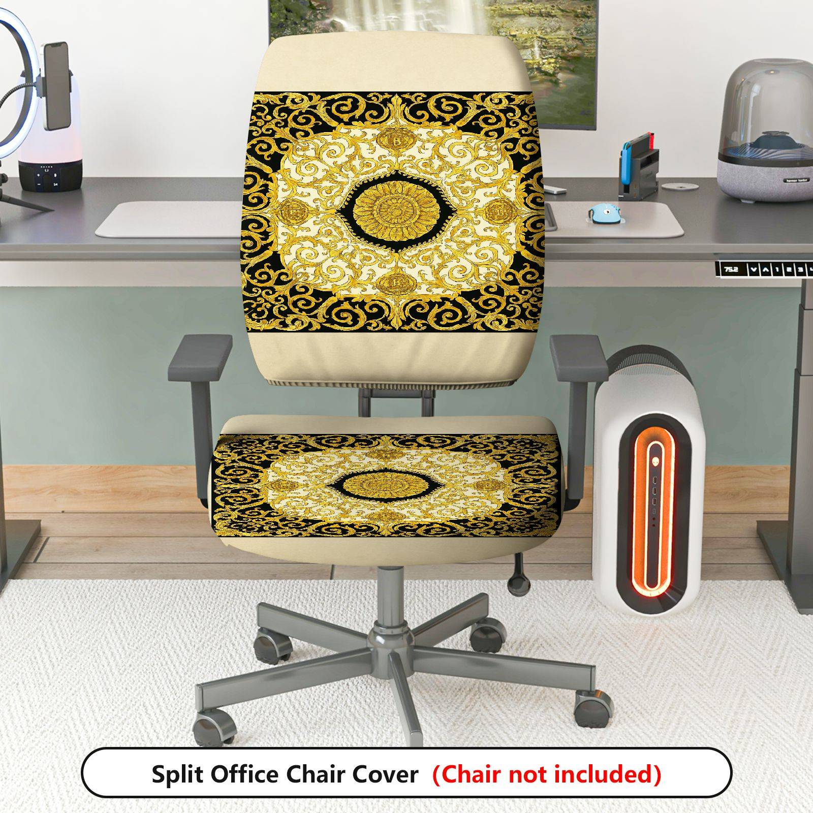 2-Piece Baroque Style Gold Black Pattern Decorative  Computer Chair Cover Set, Seat and Backrest