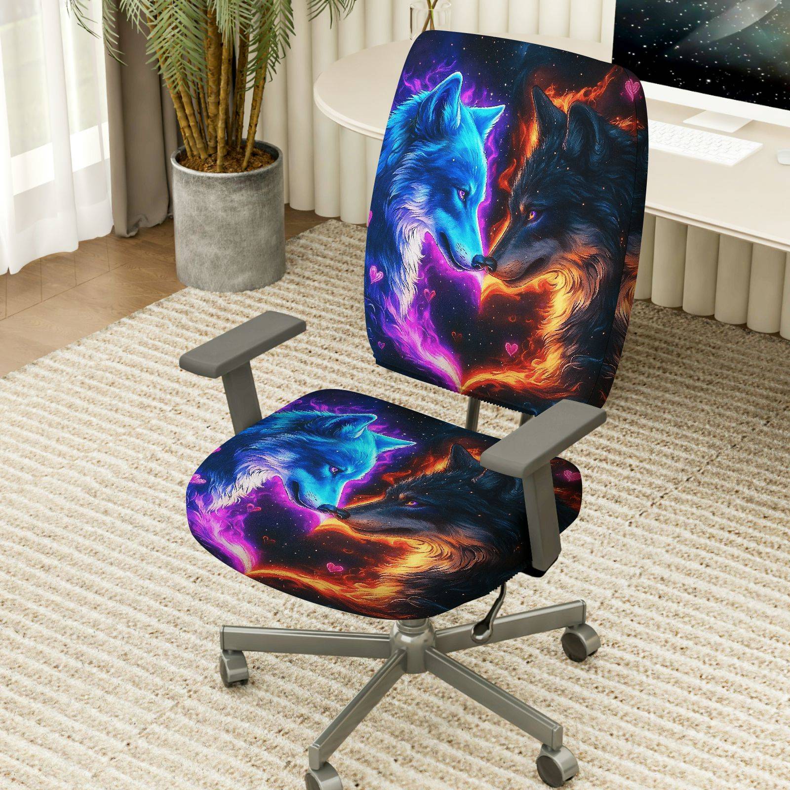 2-Piece Blue Red Wolf Galaxy Heart Creative Romance  Computer Chair Cover Set, Seat and Backrest