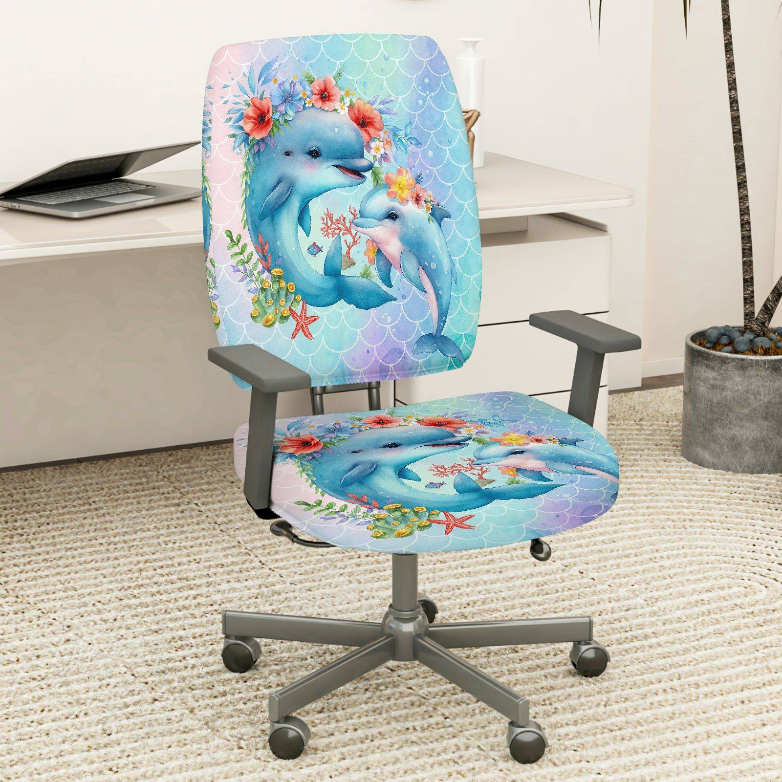 2-Piece Dolphin Ocean Flowers Animal  Computer Chair Cover Set, Seat and Backrest