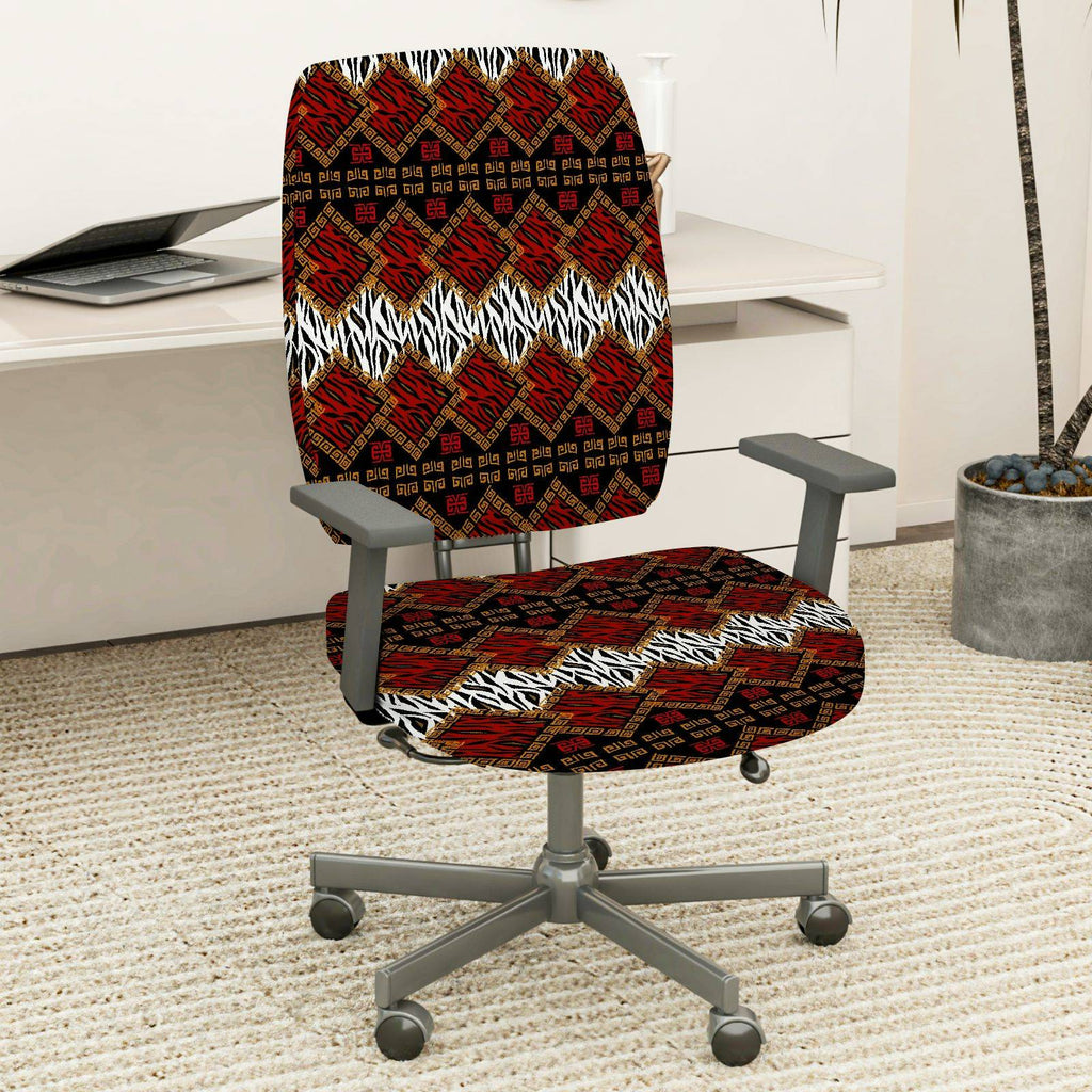 2-Piece Geometric Pattern Red Black Zebra African Style Ethnic  Computer Chair Cover Set, Seat and Backrest