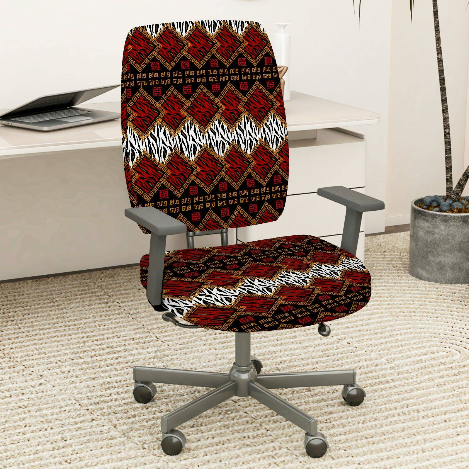 2-Piece Geometric Pattern Red Black Zebra African Style Ethnic  Computer Chair Cover Set, Seat and Backrest