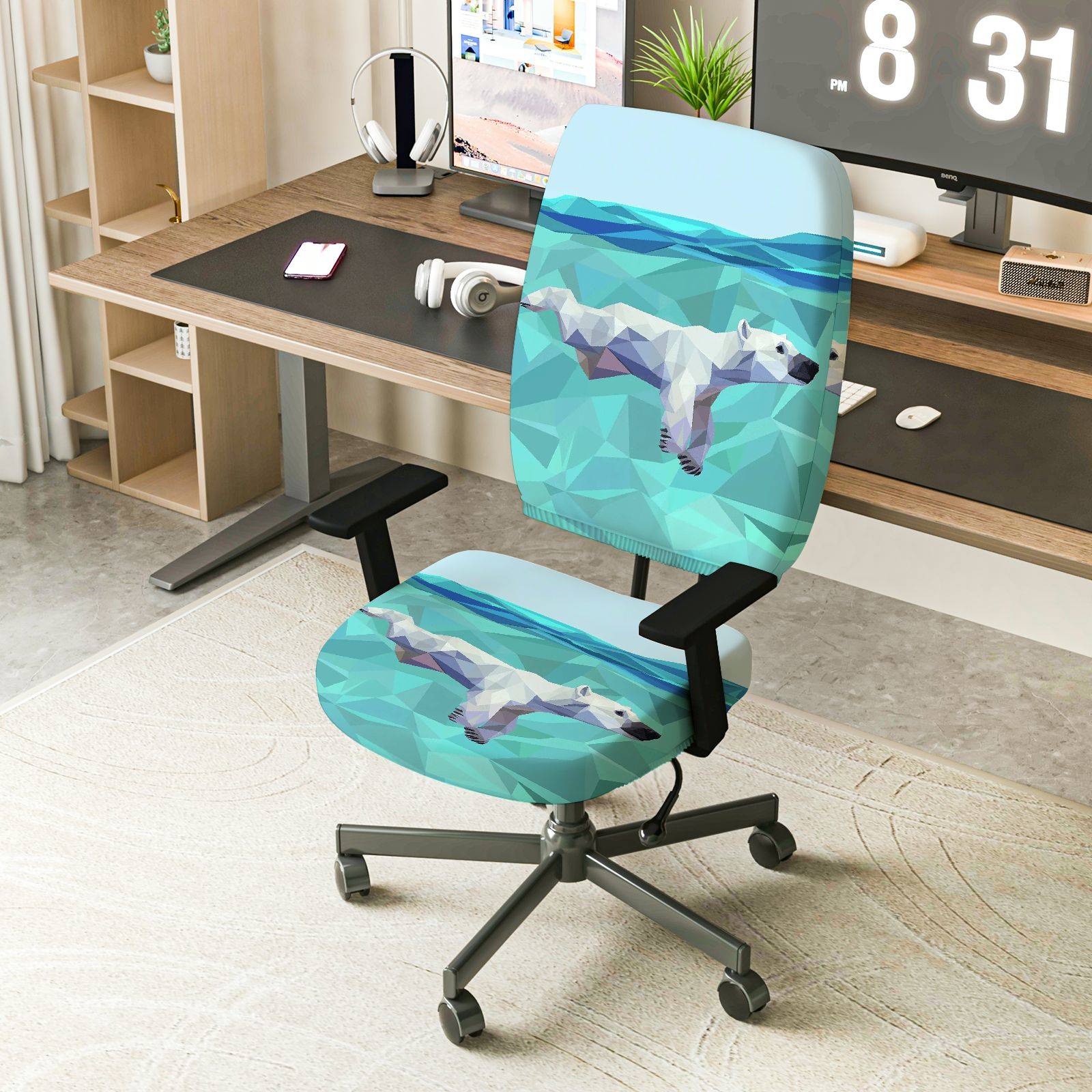 2-Piece Geometric Animal Polar Bear Blue Green Arctic Adjustable  Computer Chair Cover Set, Seat and Backrest