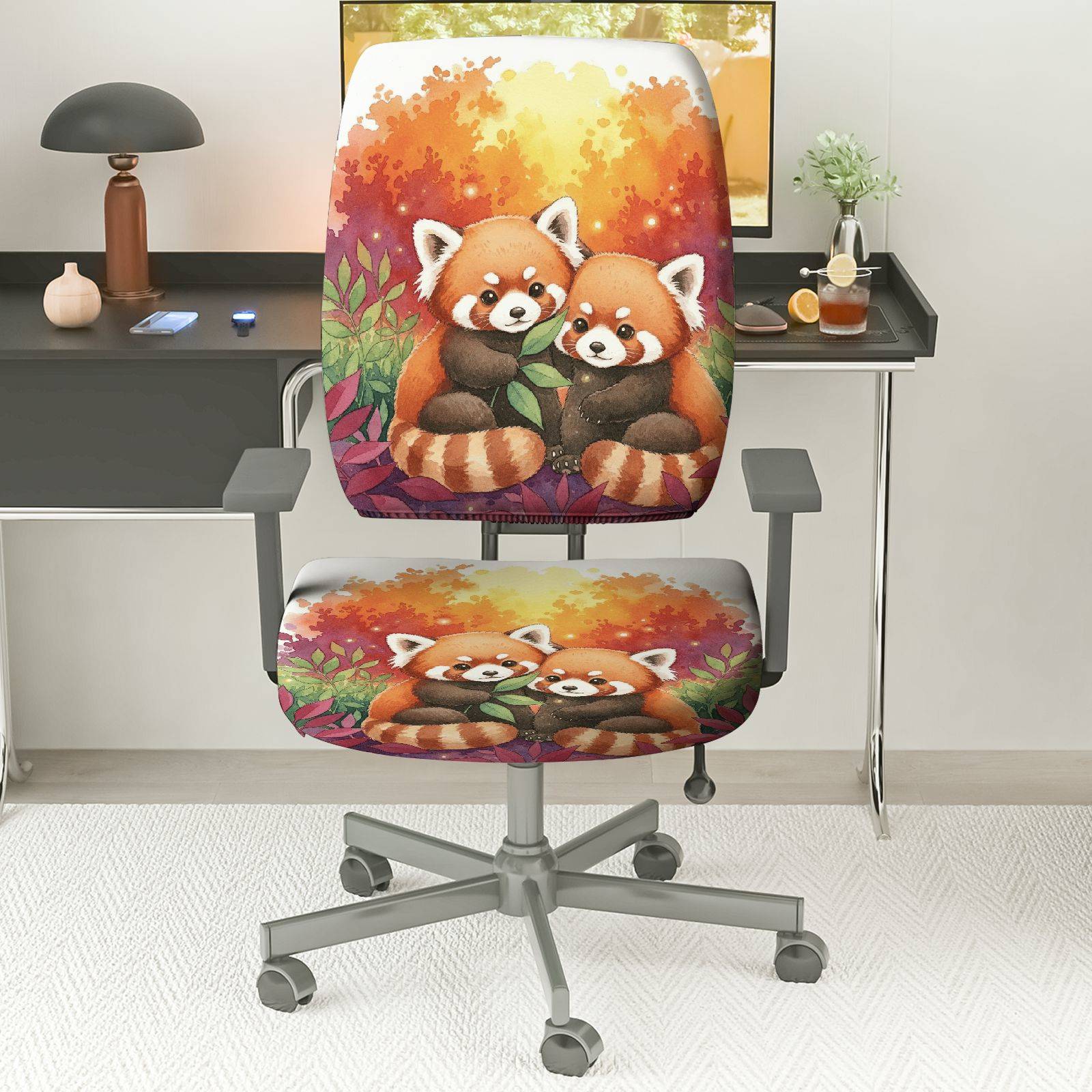 2-Piece Red Panda Autumn Forest Cute Animal Nature Art  Computer Chair Cover Set, Seat and Backrest