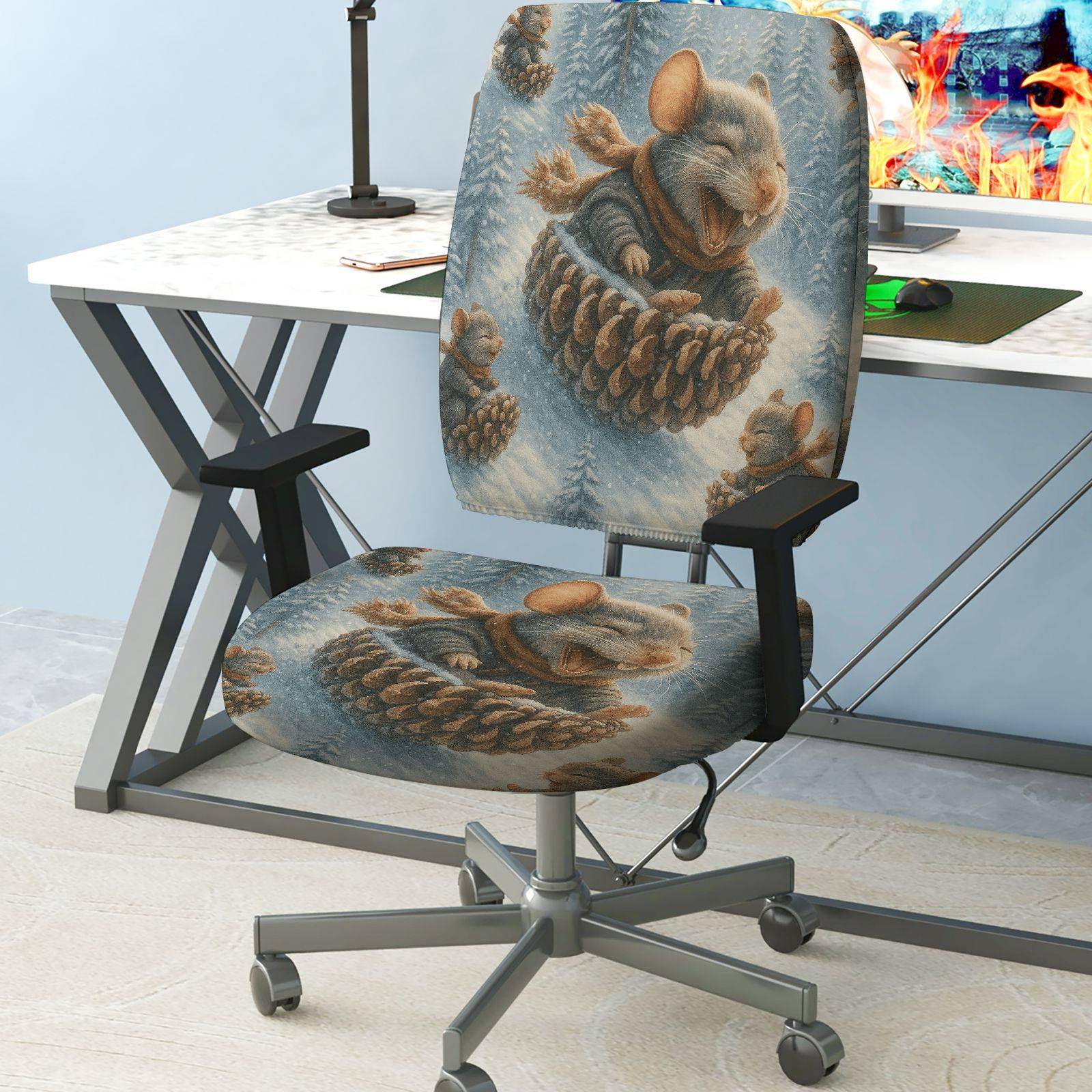 2-Piece Animal Winter Festive Decorative Cozy  Computer Chair Cover Set, Seat and Backrest