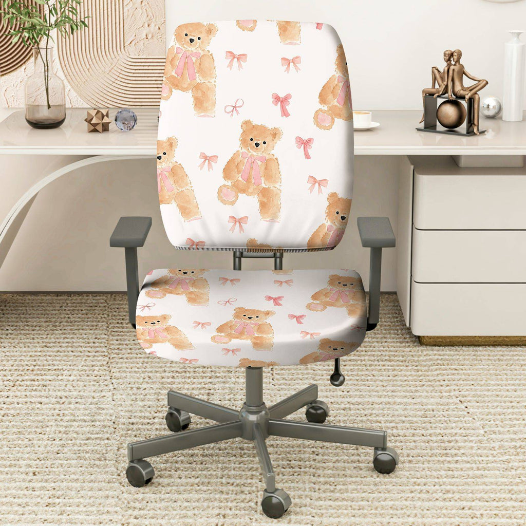 2-Piece Adorable Teddy Bear Pink Ribbon Sweet Cute Fun  Computer Chair Cover Set, Seat and Backrest