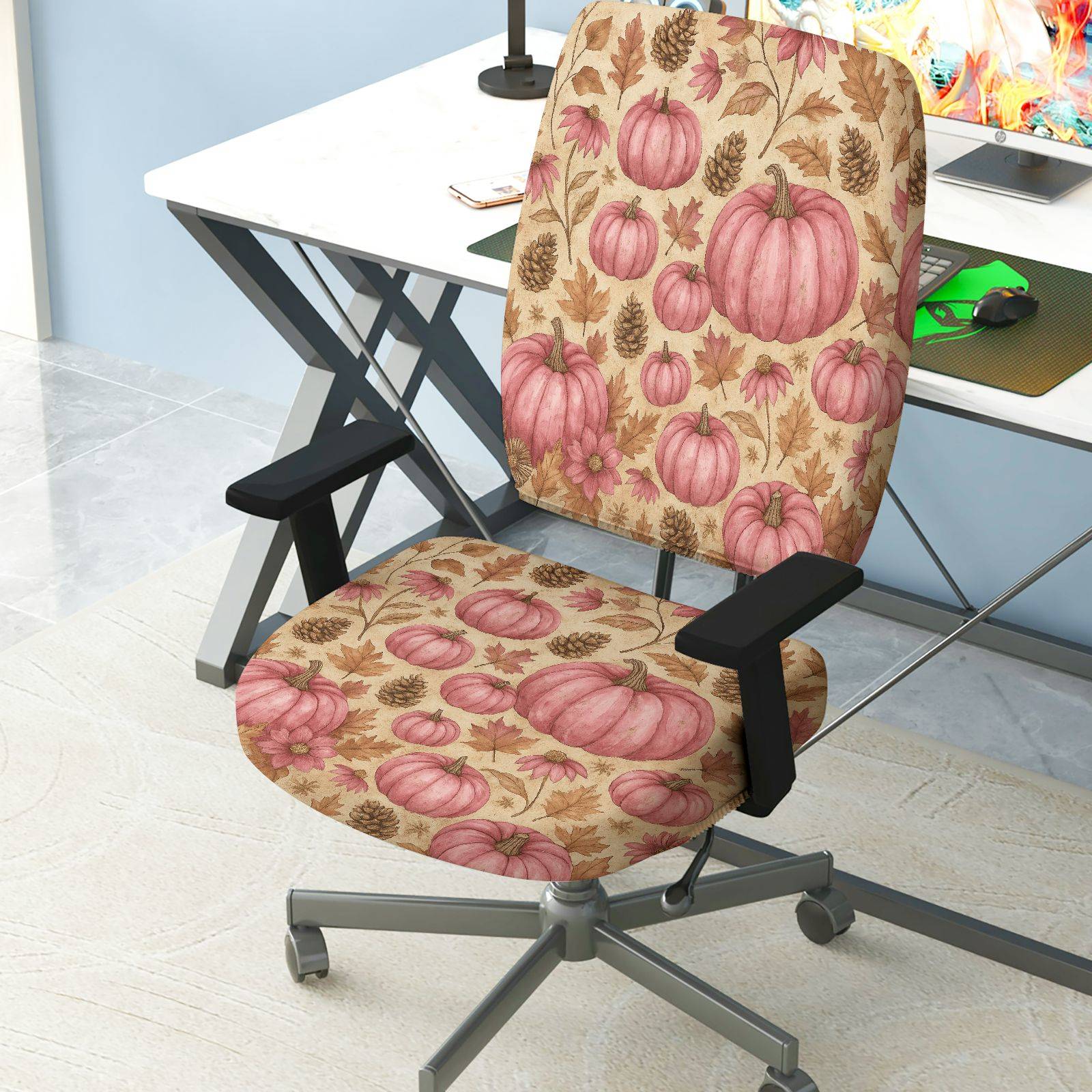2-Piece Autumn Pumpkin Pinecone Maple Leaves Thanksgiving  Computer Chair Cover Set, Seat and Backrest