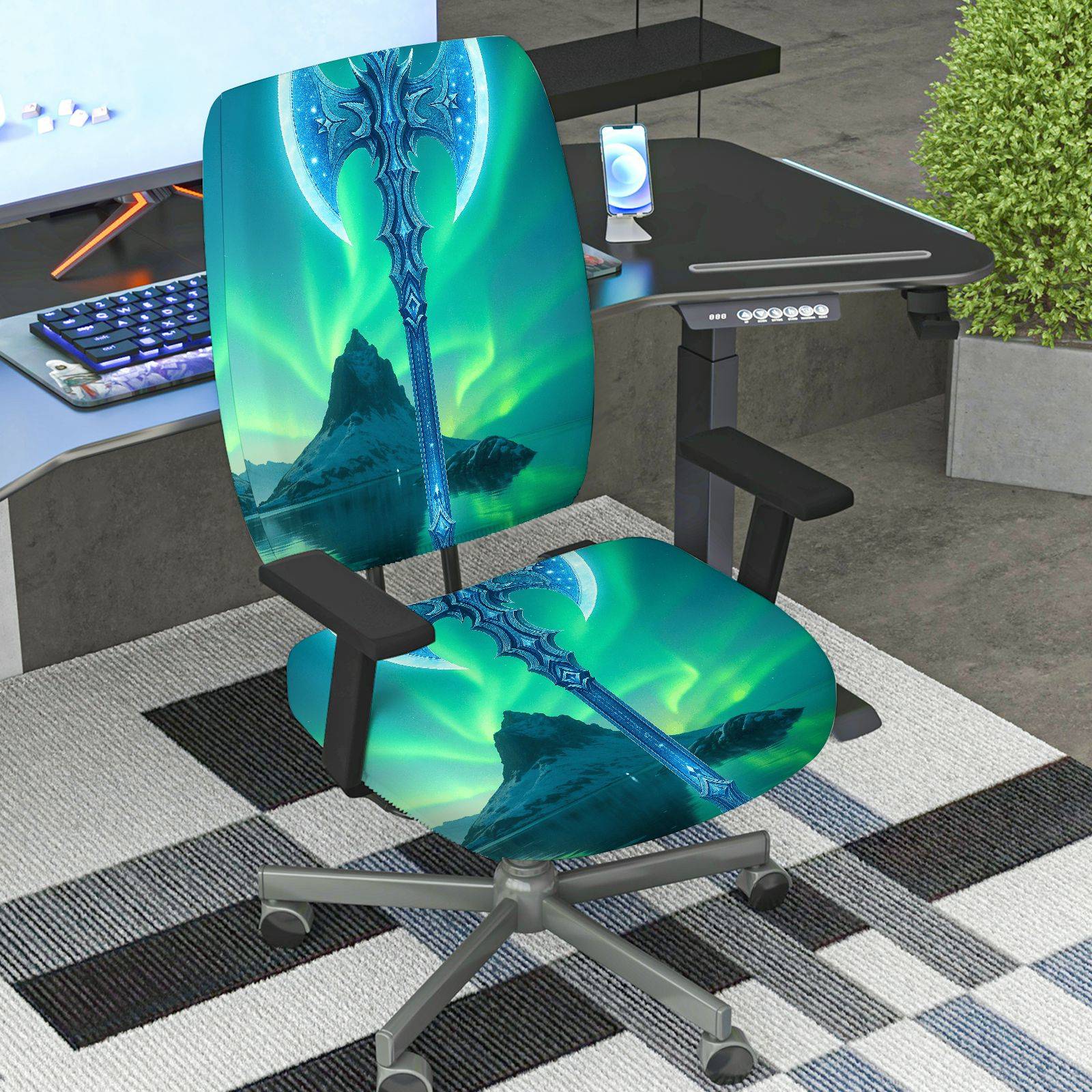 2-Piece Aurora Fantasy Sword Landscape Scenery Cool  Computer Chair Cover Set, Seat and Backrest