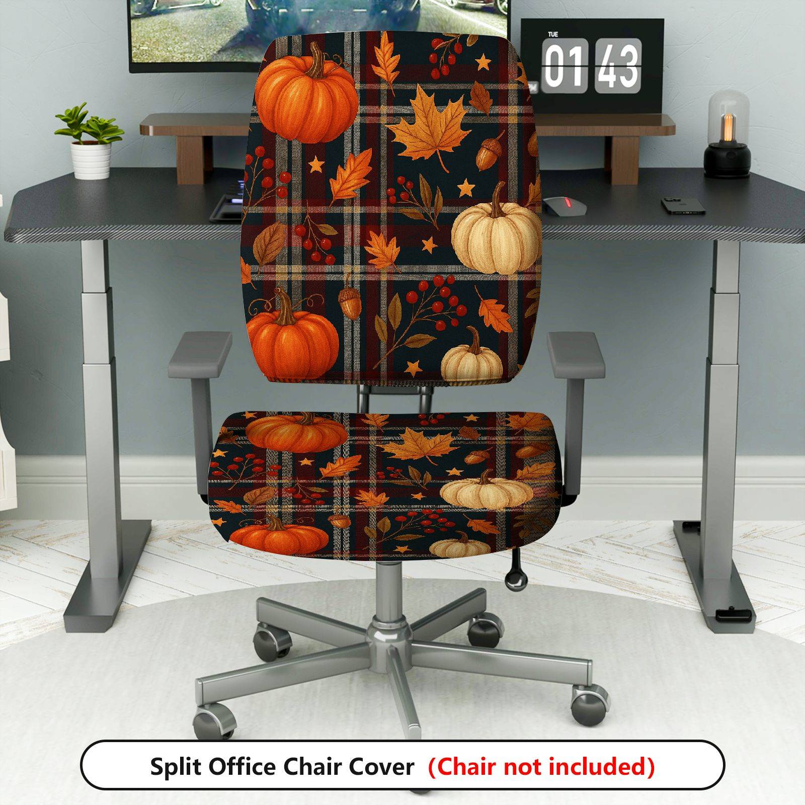 2-Piece Autumn Thanksgiving Pumpkin Leaves Acorn Berry  Computer Chair Cover Set, Seat and Backrest