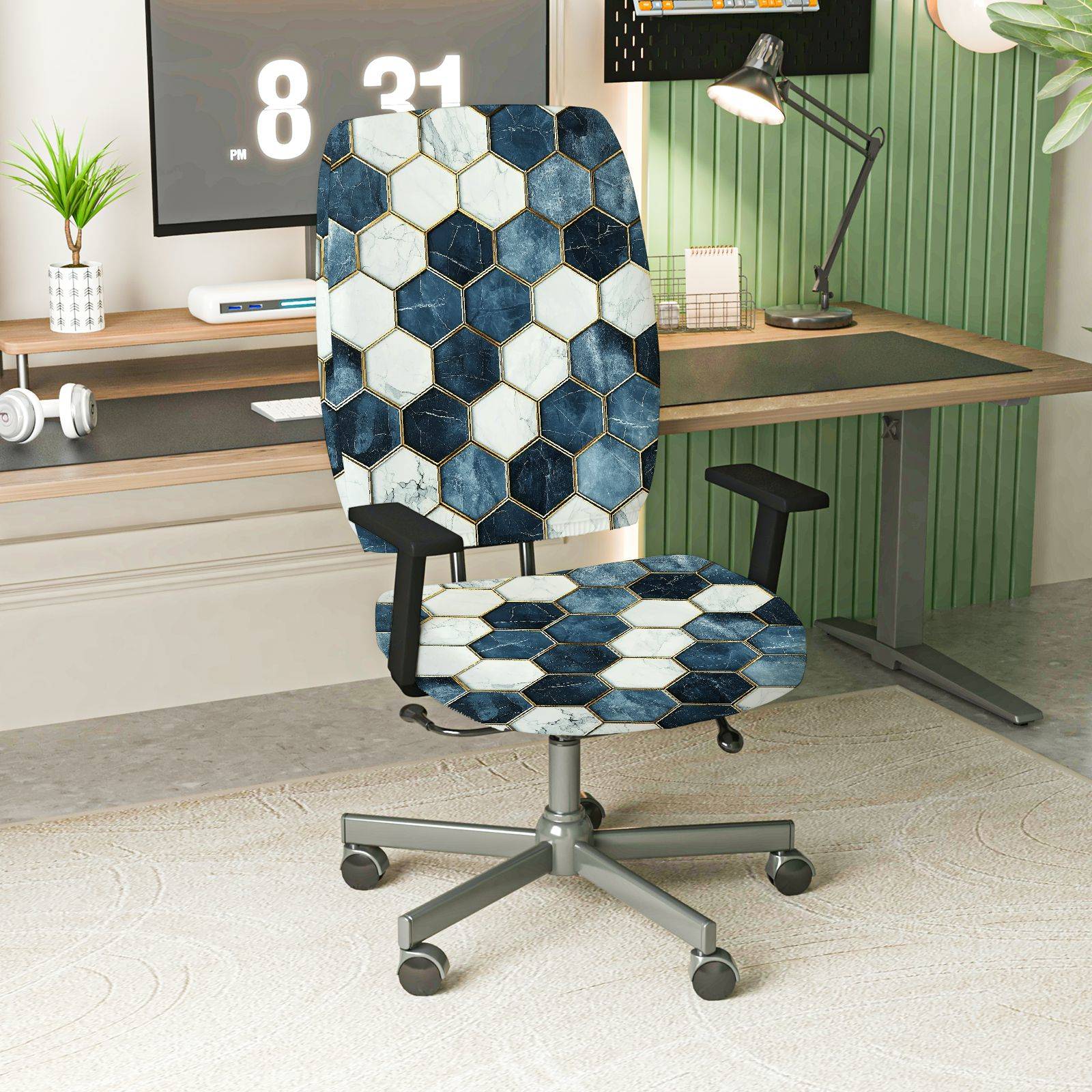2-Piece Hexagon Geometric Modern Stylish  Computer Chair Cover Set, Seat and Backrest