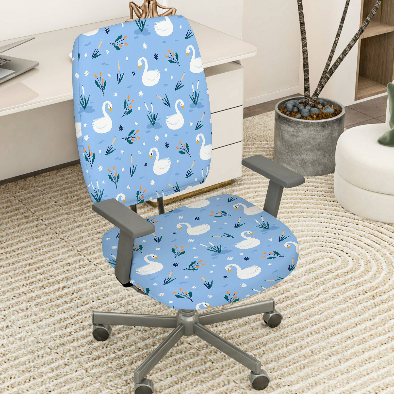 2-Piece Blue Swan Pattern Floral Winter Waterfowl Animal  Computer Chair Cover Set, Seat and Backrest