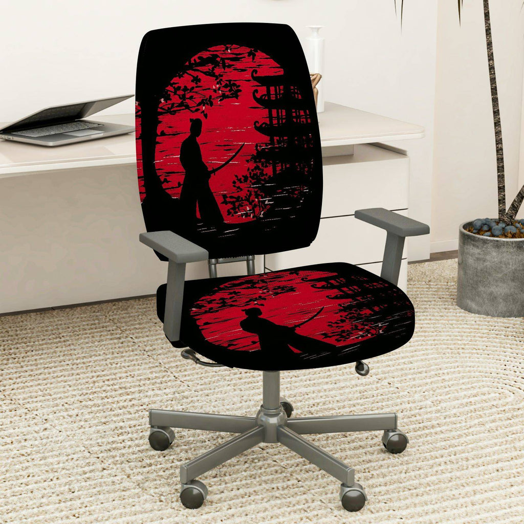 2-Piece Samurai Sunset Japanese Art Red Black  Computer Chair Cover Set, Seat and Backrest