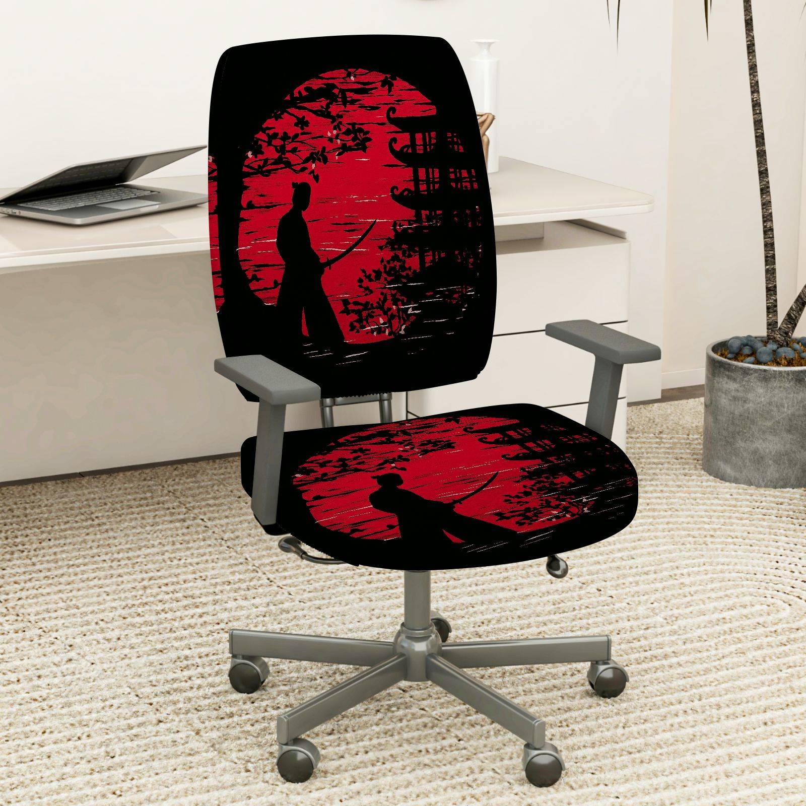 2-Piece Samurai Sunset Japanese Art Red Black  Computer Chair Cover Set, Seat and Backrest
