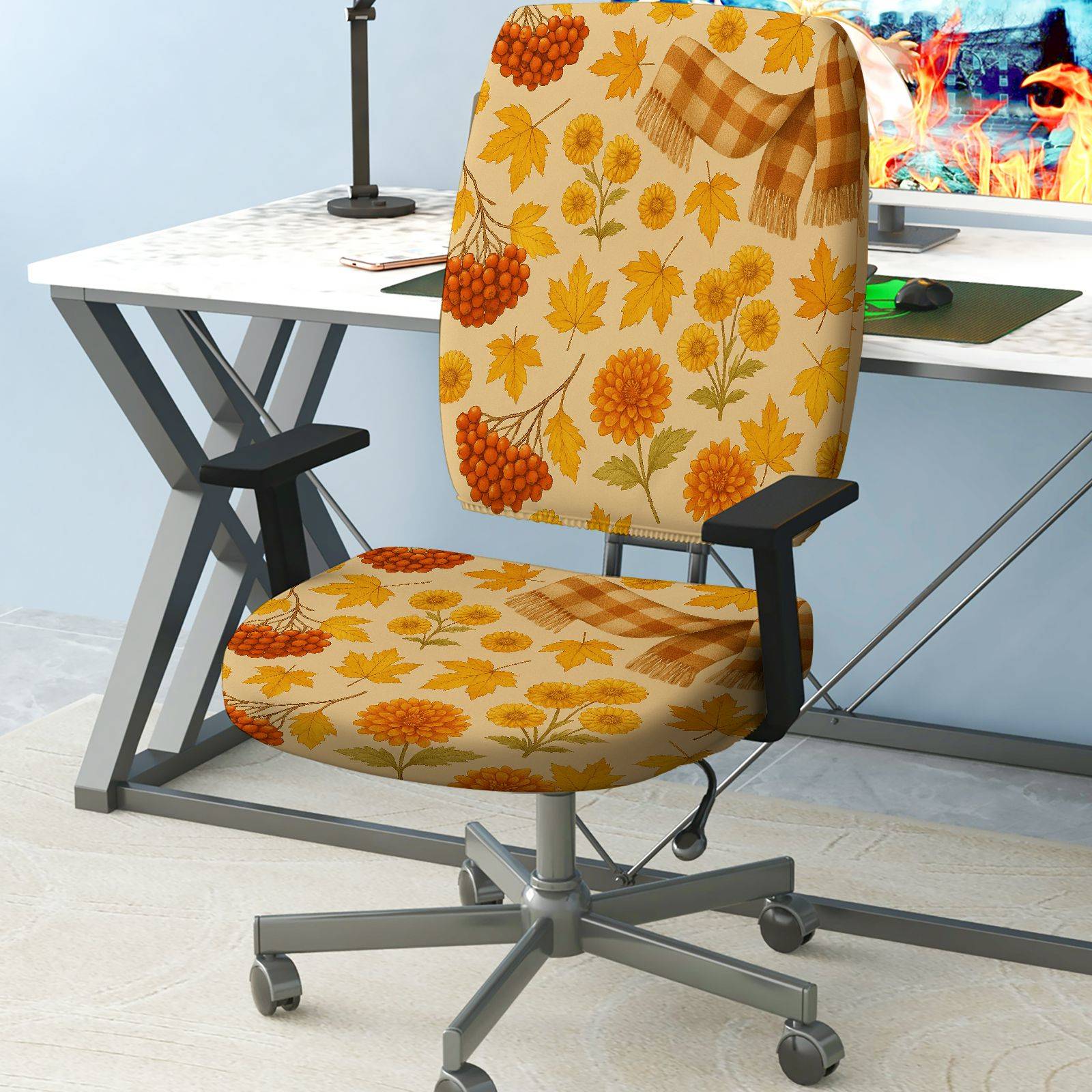 2-Piece Autumn Floral Maple Chrysanthemum Scarf Pattern  Computer Chair Cover Set, Seat and Backrest