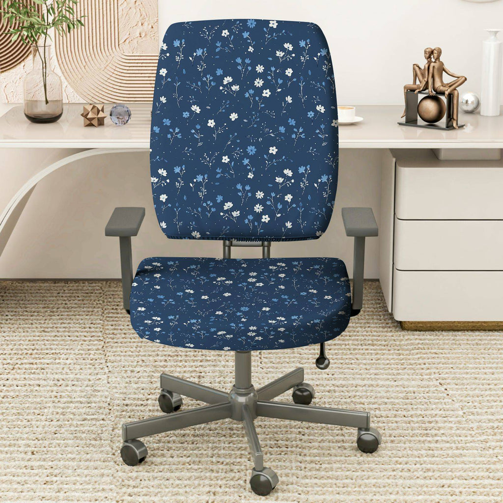 2-Piece Floral Pattern Blue White Flower Nature Decor  Computer Chair Cover Set, Seat and Backrest