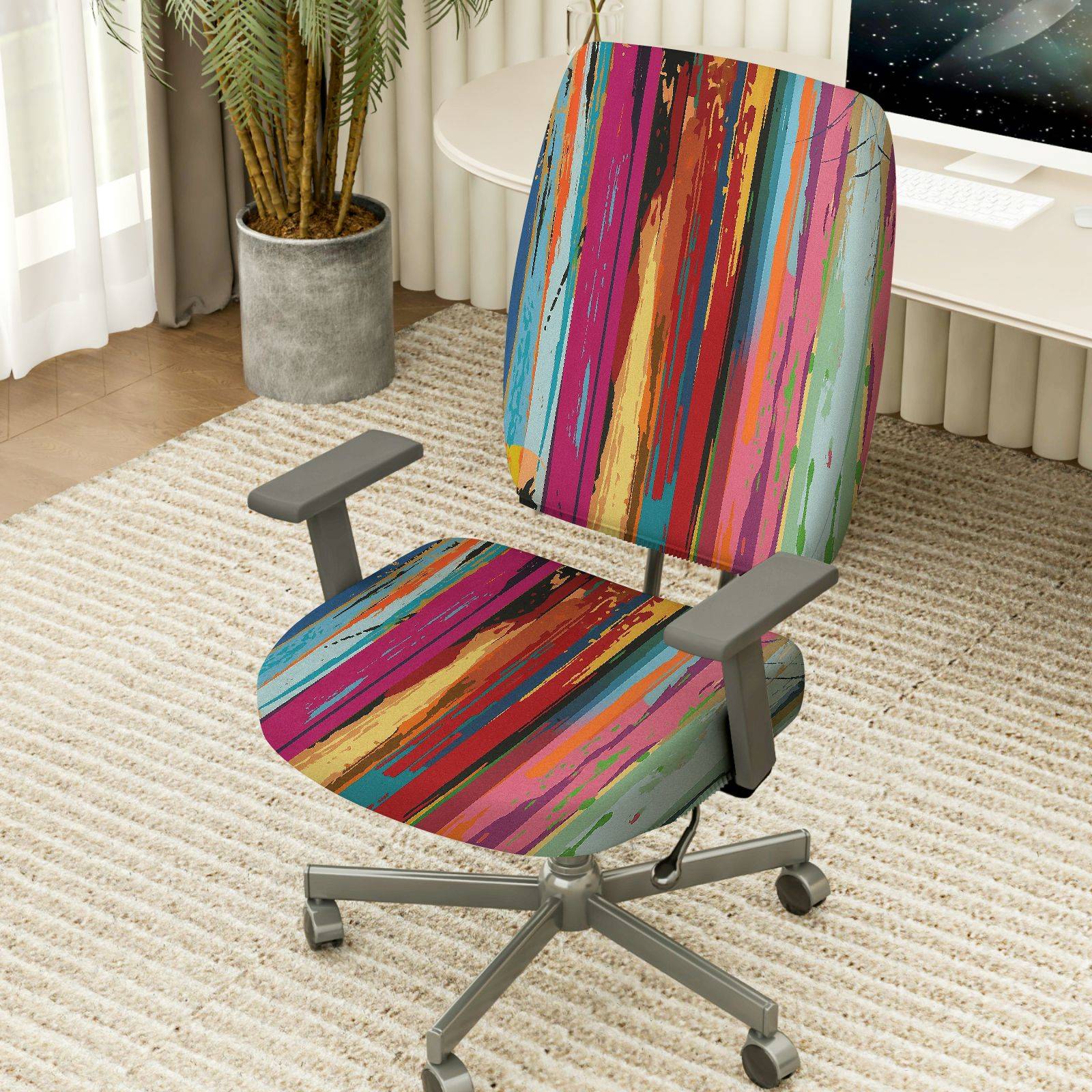 2-Piece Colorful Abstract Artistic Vibrant Striped Geometric  Computer Chair Cover Set, Seat and Backrest