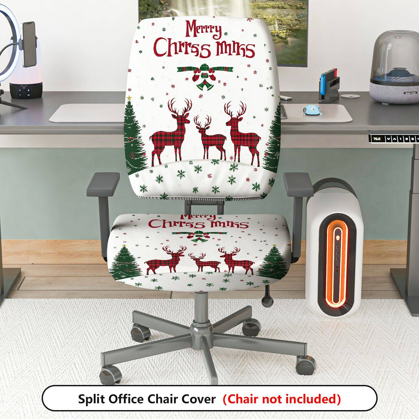 2-Piece Christmas Reindeer Snowflake Tree Plaid  Computer Chair Cover Set, Seat and Backrest