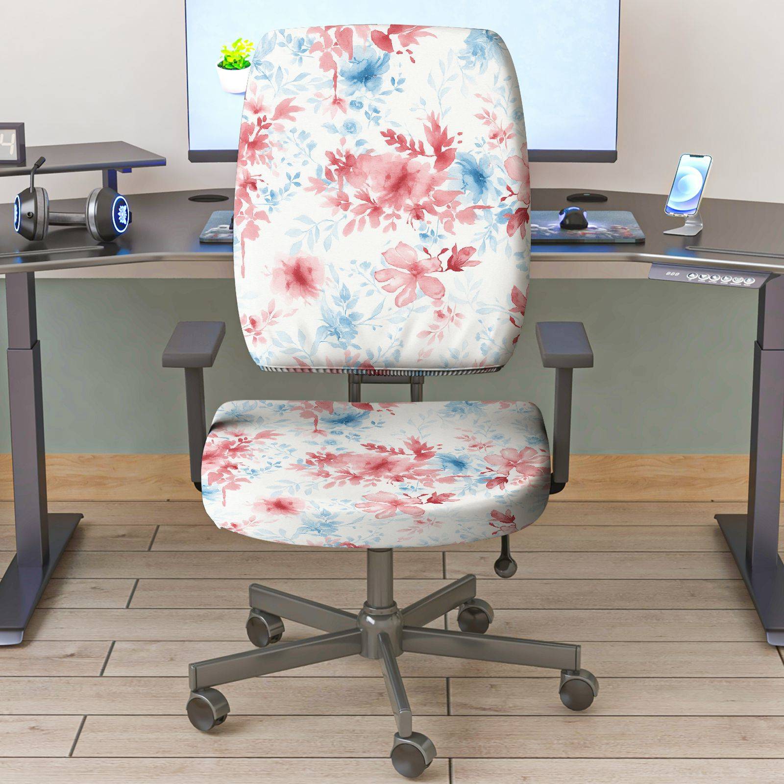 2-Piece Floral Pattern Stylish Elegant Decorative Red Blue  Computer Chair Cover Set, Seat and Backrest