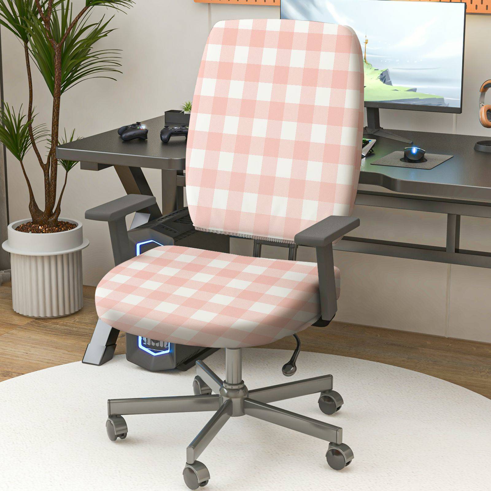2-Piece Pink Plaid Checkered Pattern Modern  Computer Chair Cover Set, Seat and Backrest