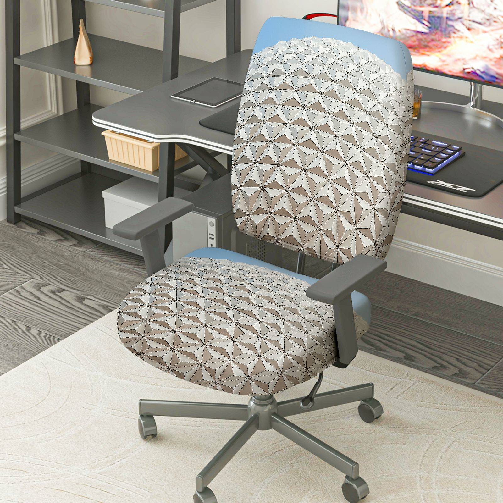 2-Piece Geometric Pattern Gray Design Decorative  Computer Chair Cover Set, Seat and Backrest
