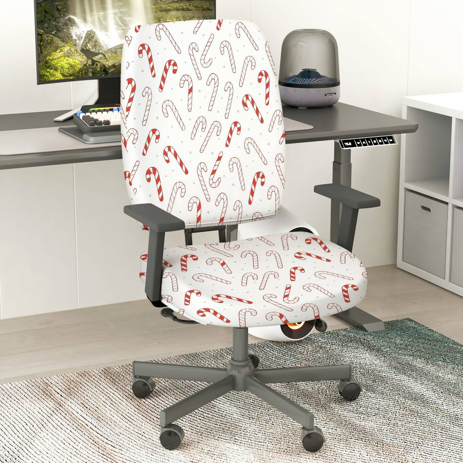 2-Piece Christmas Candy Cane Festive Holiday Printed  Computer Chair Cover Set, Seat and Backrest