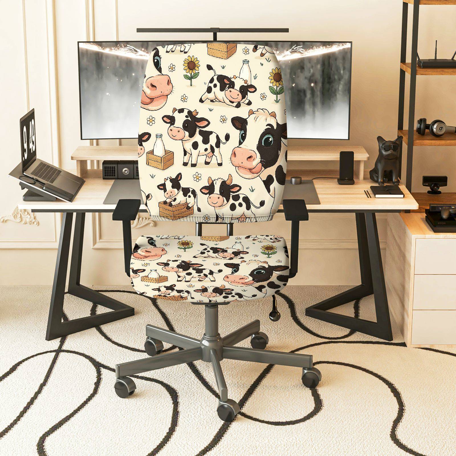 2-Piece Animal Farm Cow Design  Computer Chair Cover Set, Seat and Backrest