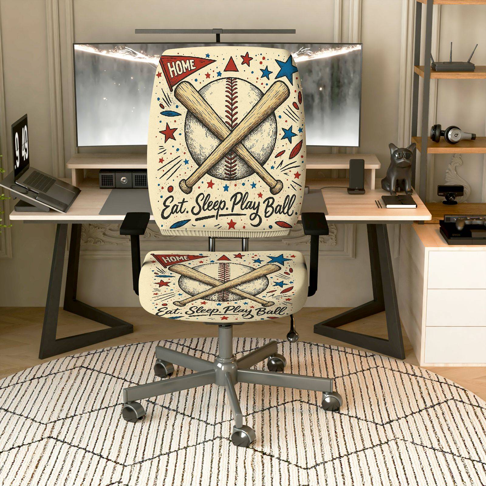 2-Piece Baseball Sports Home Vintage Decorative  Computer Chair Cover Set, Seat and Backrest