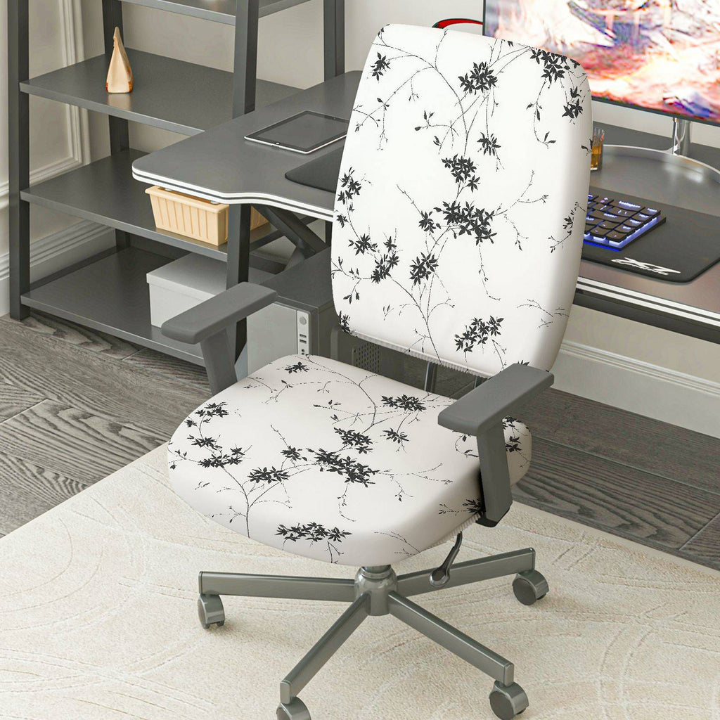 2-Piece Black Floral Printed Modern Elegant Decorative  Computer Chair Cover Set, Seat and Backrest