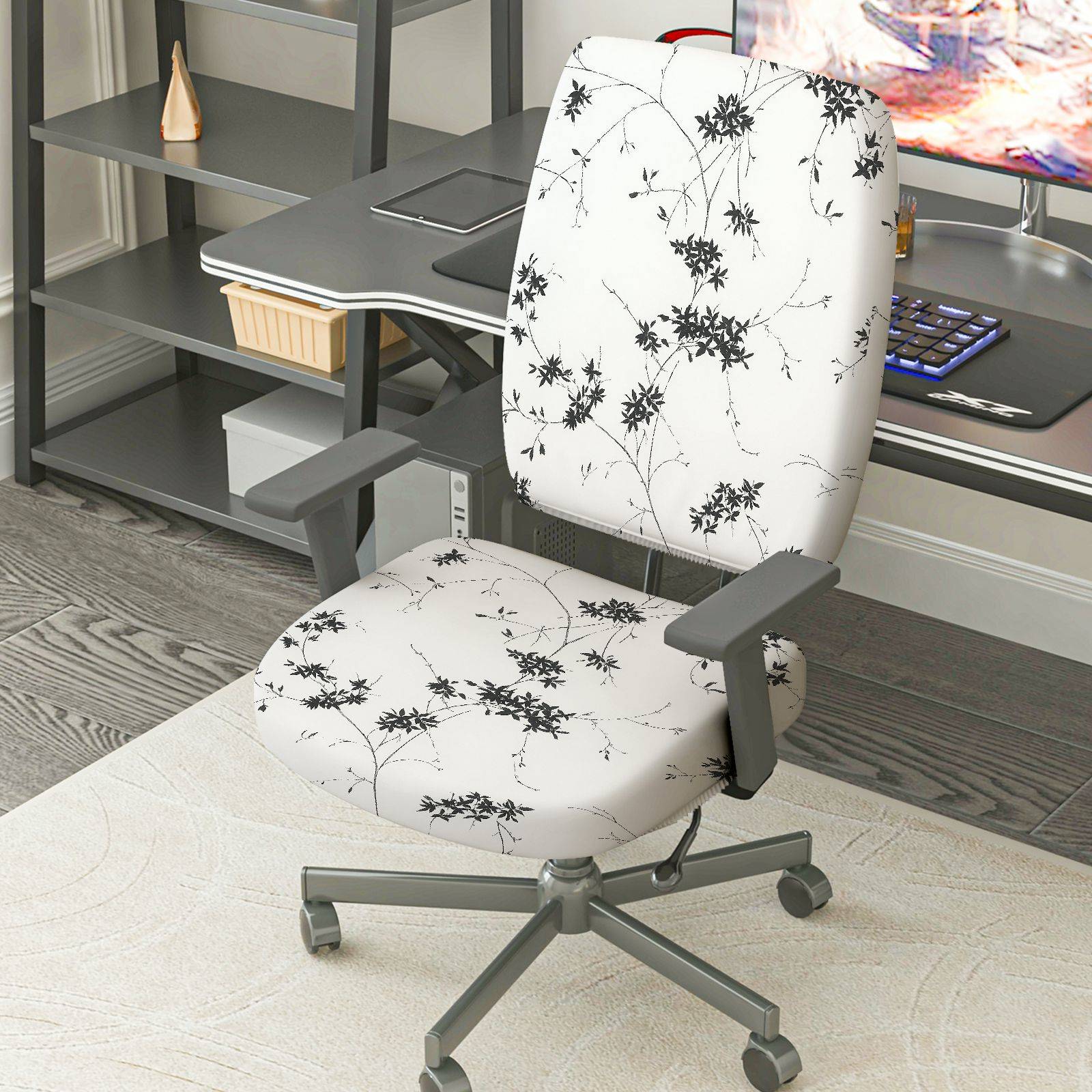 2-Piece Black Floral Printed Modern Elegant Decorative  Computer Chair Cover Set, Seat and Backrest