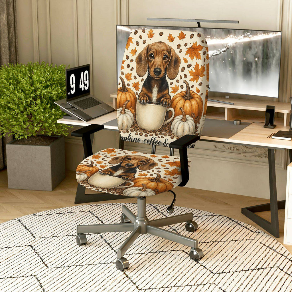 2-Piece Autumn Puppy Pumpkin Leaves Coffee  Computer Chair Cover Set, Seat and Backrest