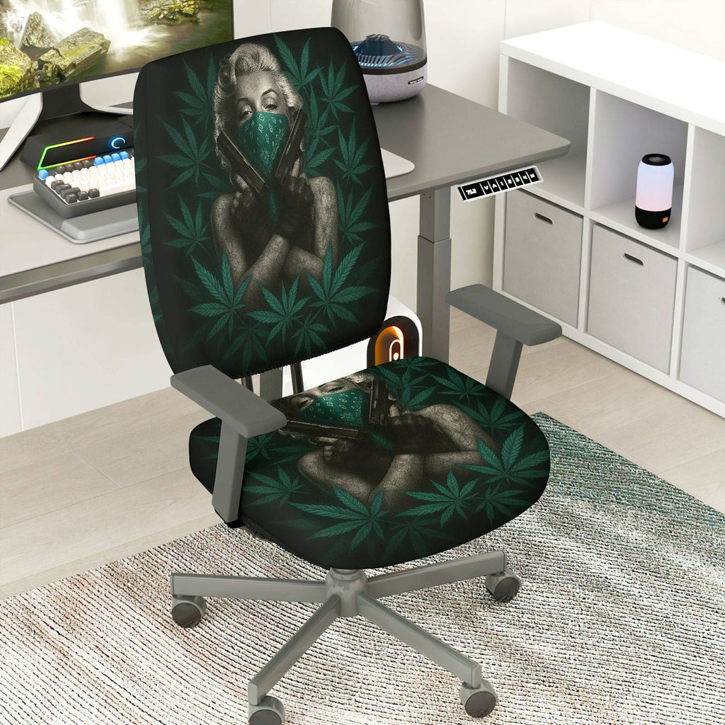 2-Piece Black Green Leaf Artistic Stylish Unique Creative  Computer Chair Cover Set, Seat and Backrest