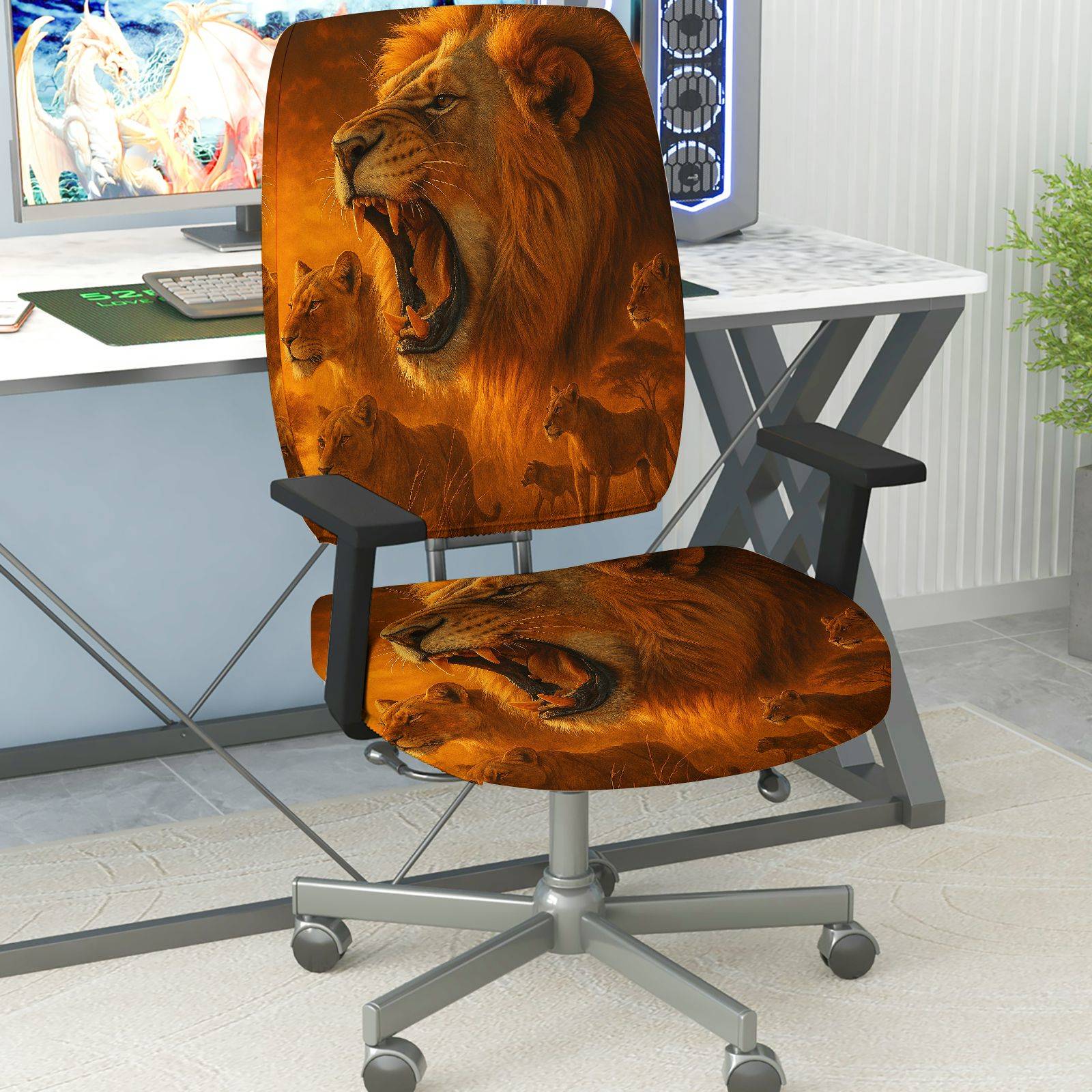 2-Piece Animal Lion Wildlife Nature Stylish  Computer Chair Cover Set, Seat and Backrest