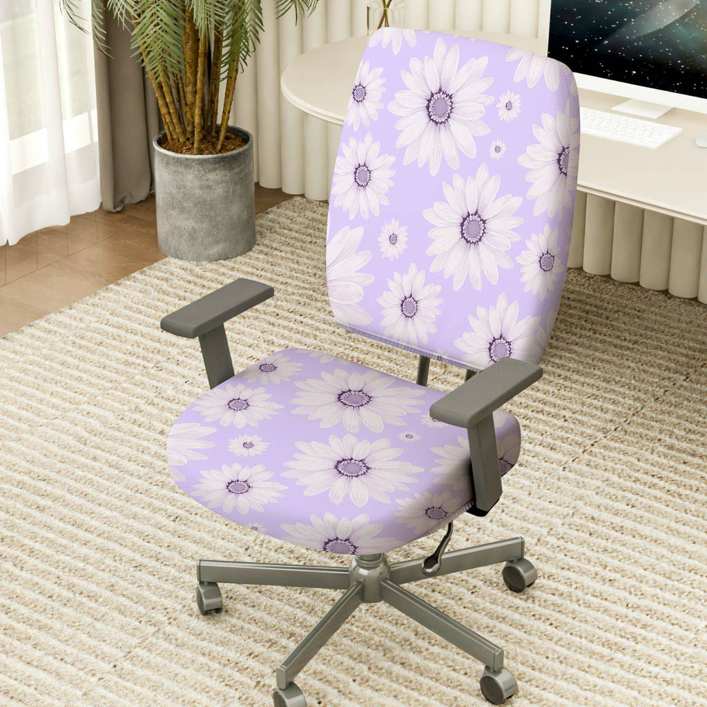 2-Piece Floral Purple Daisy Pattern  Computer Chair Cover Set, Seat and Backrest
