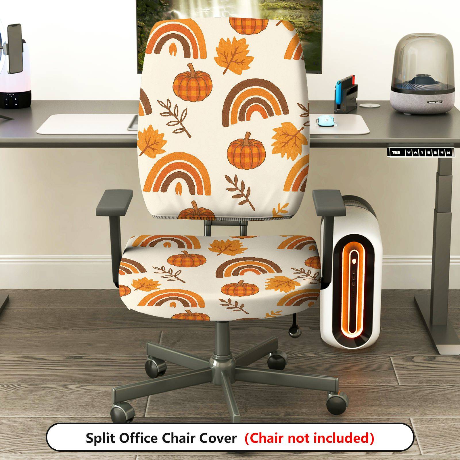 2-Piece Autumn Pumpkin Leaves Rainbow Rustic Festival  Computer Chair Cover Set, Seat and Backrest