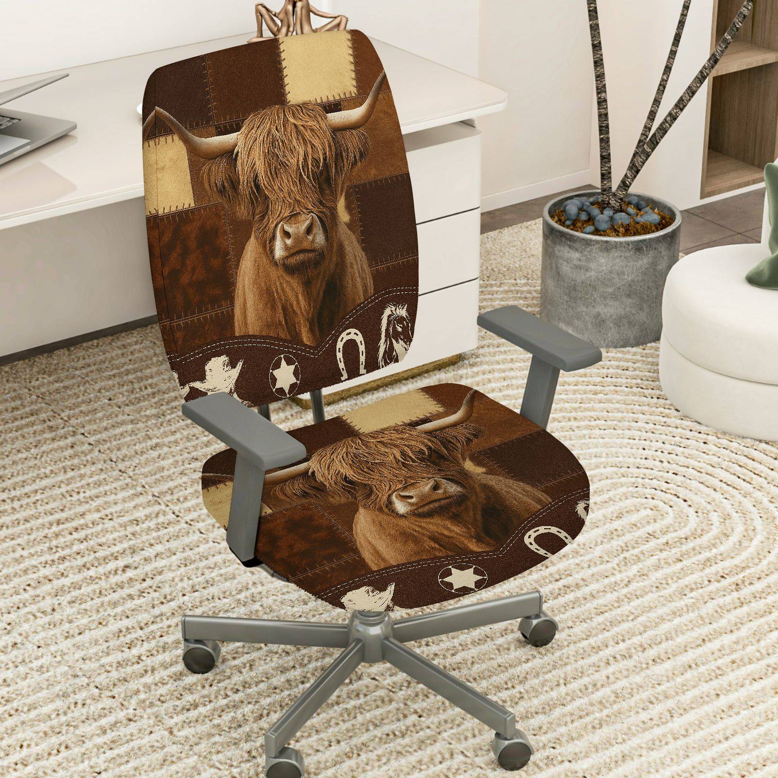 2-Piece Cow Western Farm Rustic Animal Country  Computer Chair Cover Set, Seat and Backrest