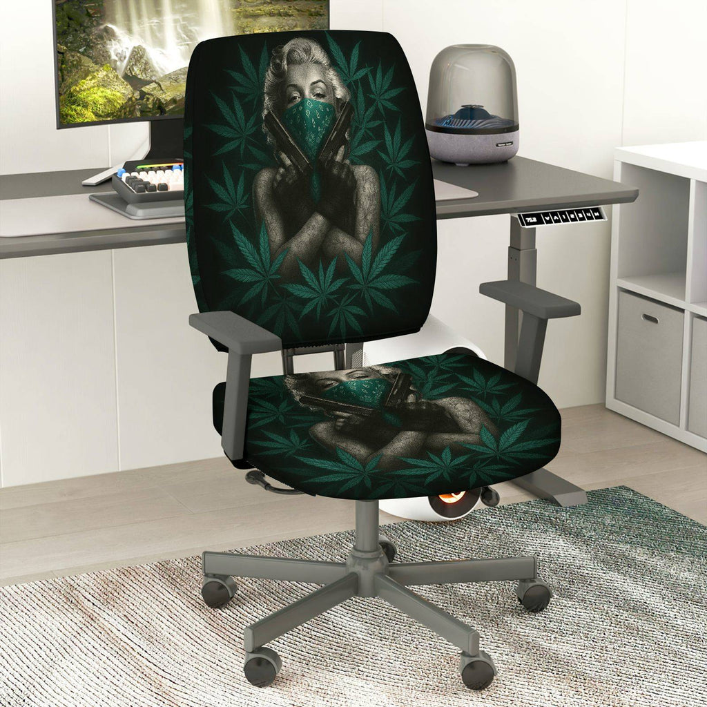 2-Piece Black Green Leaf Artistic Stylish Unique Creative  Computer Chair Cover Set, Seat and Backrest