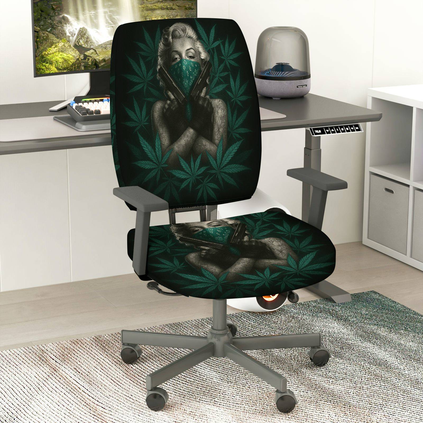 2-Piece Black Green Leaf Artistic Stylish Unique Creative  Computer Chair Cover Set, Seat and Backrest