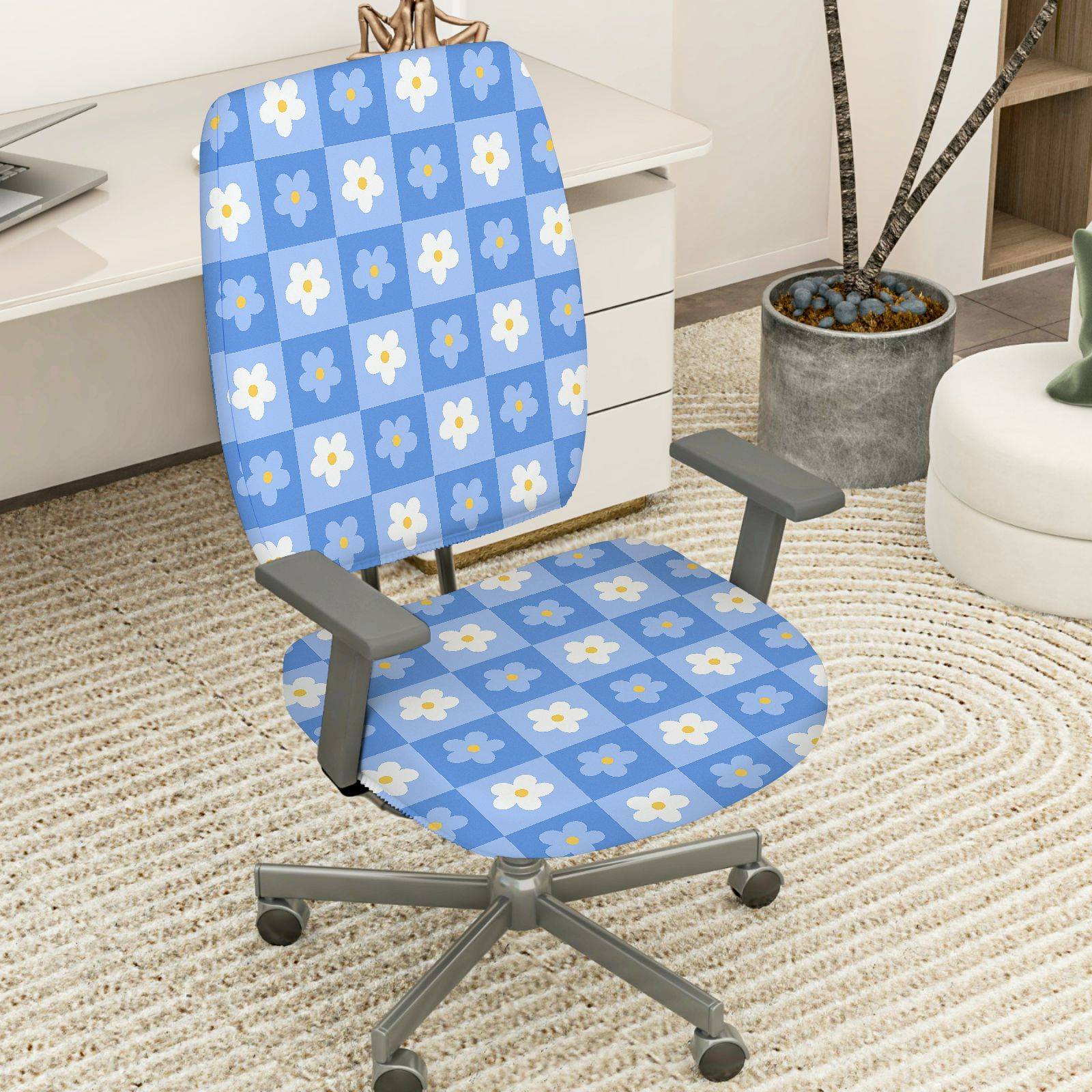 2-Piece Blue Floral Checkered Pattern  Computer Chair Cover Set, Seat and Backrest