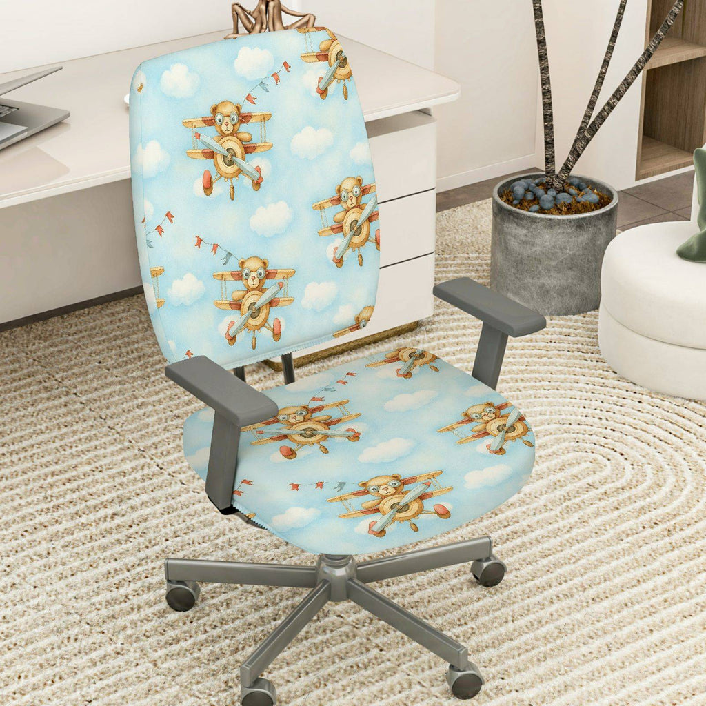 2-Piece Animal Airplane Sky Clouds Fun  Computer Chair Cover Set, Seat and Backrest