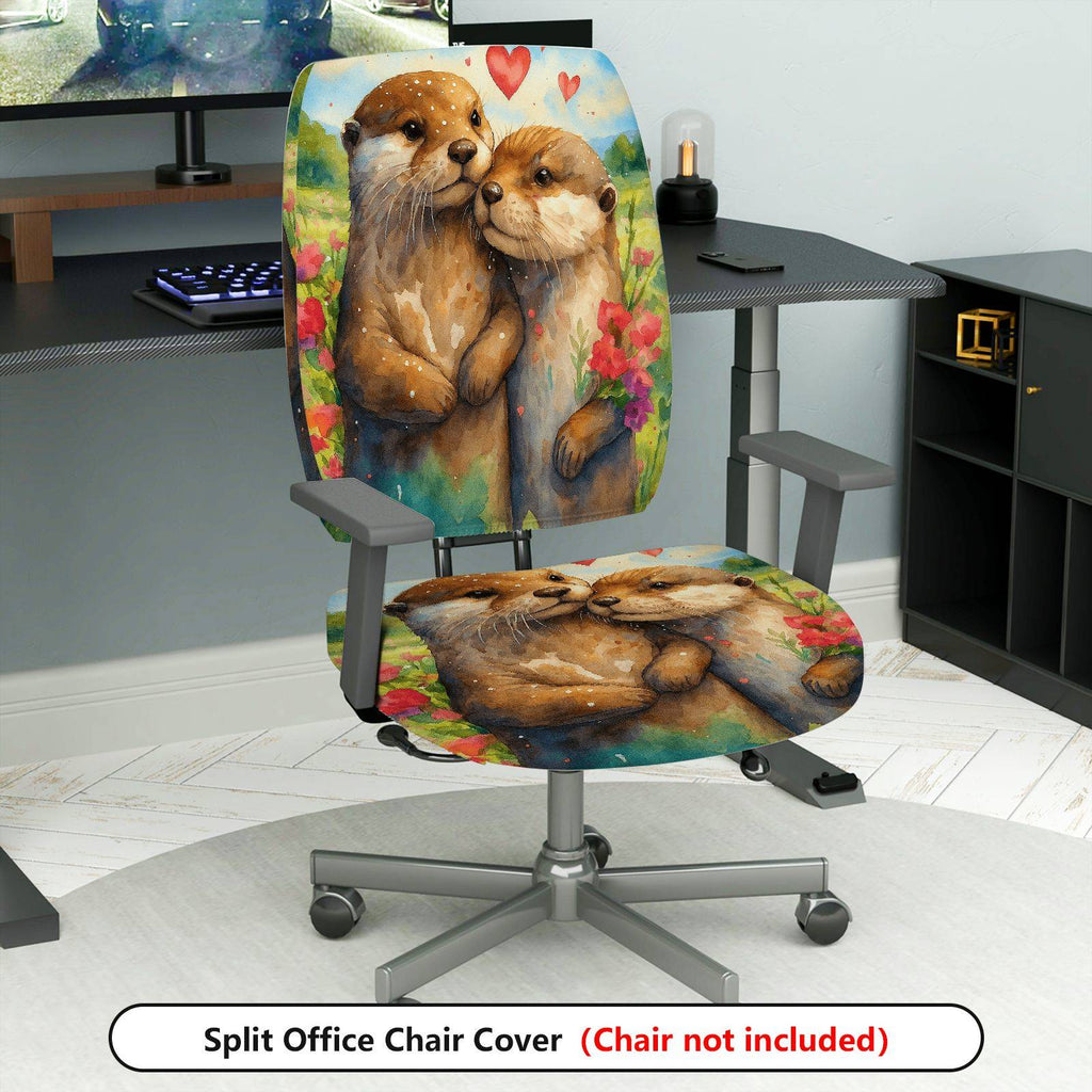 2-Piece Adorable Otter Heart Nature Floral  Computer Chair Cover Set, Seat and Backrest