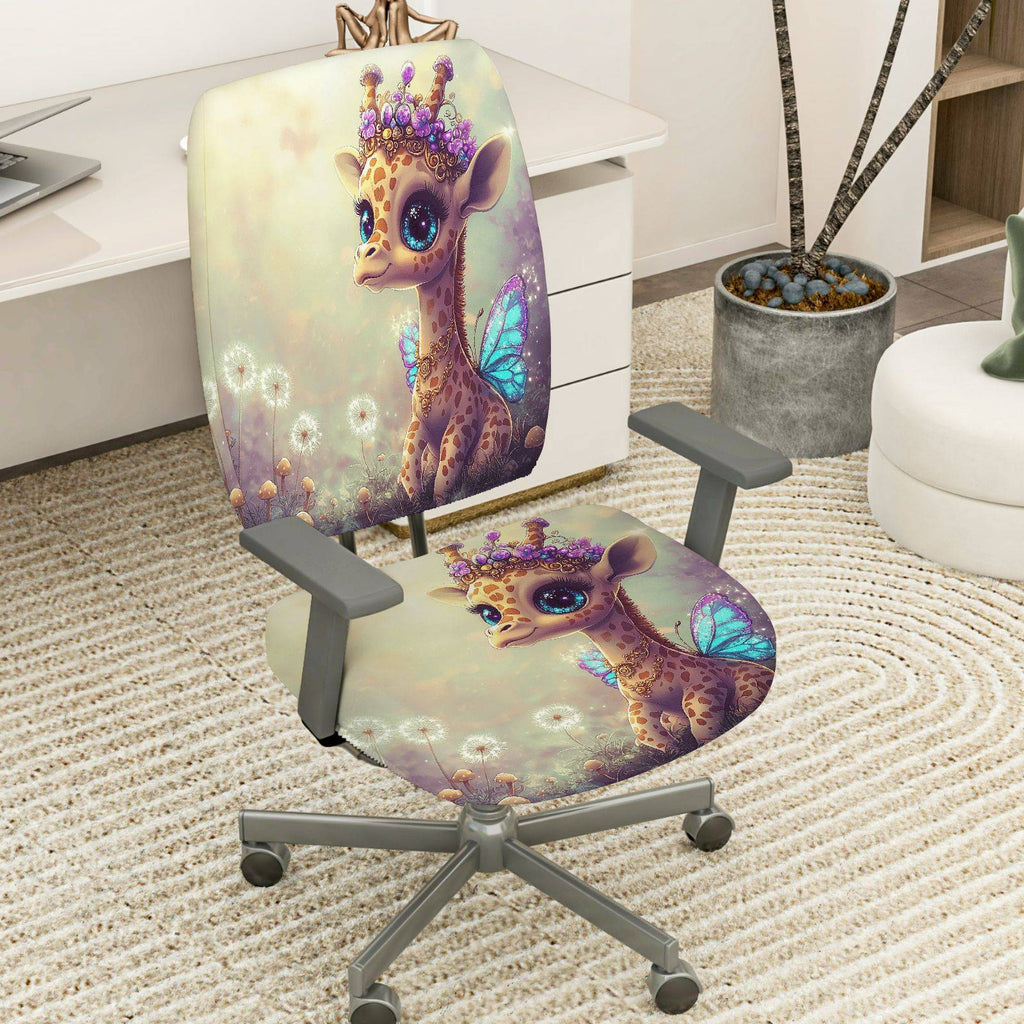 2-Piece Adorable Giraffe Fairy Crown Dandelion Purple  Computer Chair Cover Set, Seat and Backrest