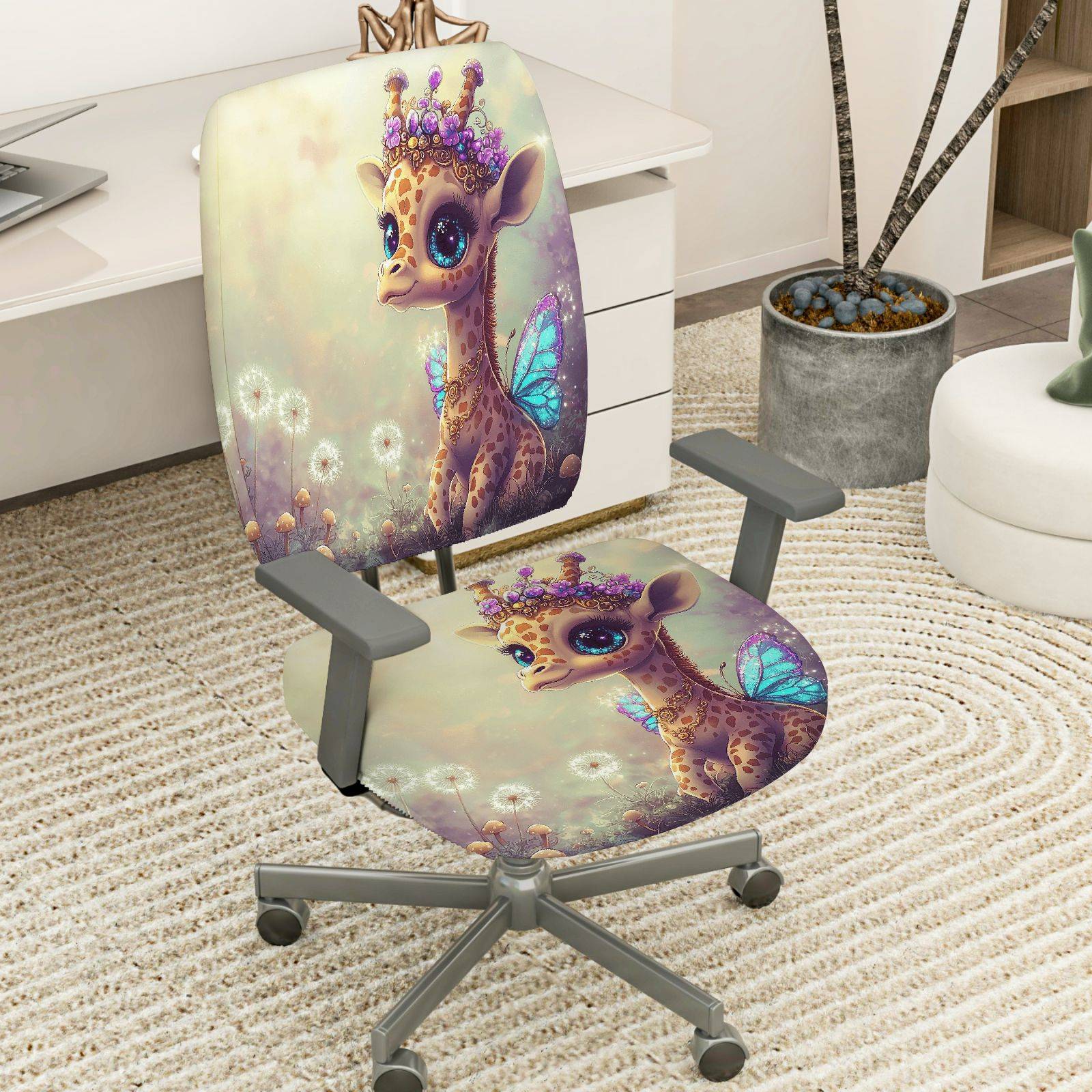 2-Piece Adorable Giraffe Fairy Crown Dandelion Purple  Computer Chair Cover Set, Seat and Backrest