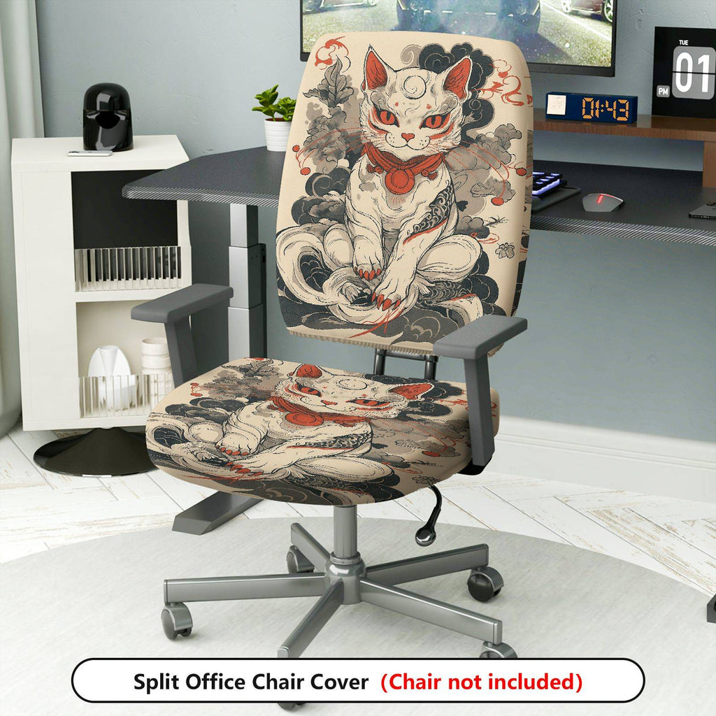 2-Piece Artistic Cat Oriental Style Mystical Abstract  Computer Chair Cover Set, Seat and Backrest