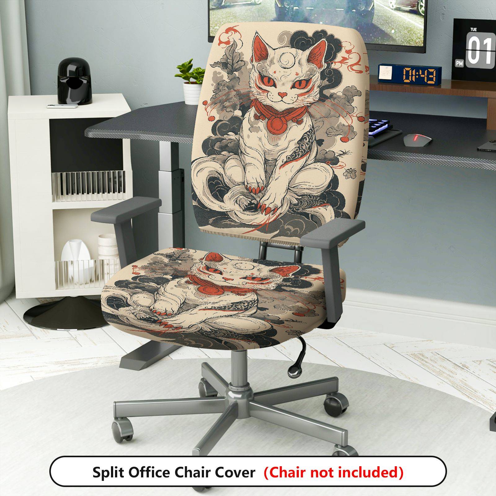 2-Piece Artistic Cat Oriental Style Mystical Abstract  Computer Chair Cover Set, Seat and Backrest