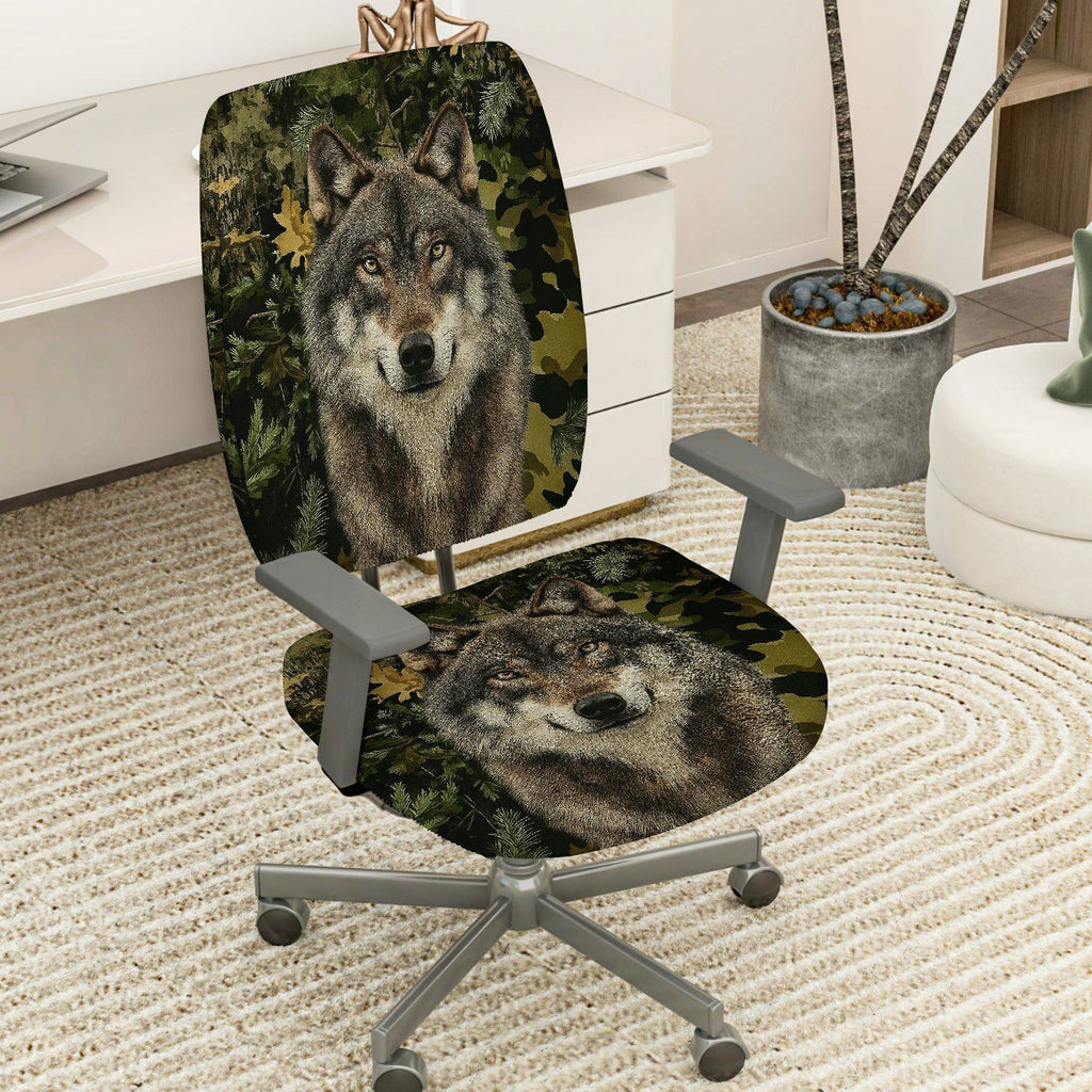 2-Piece Wolf Forest Camouflage Animal Nature Wildlife  Computer Chair Cover Set, Seat and Backrest