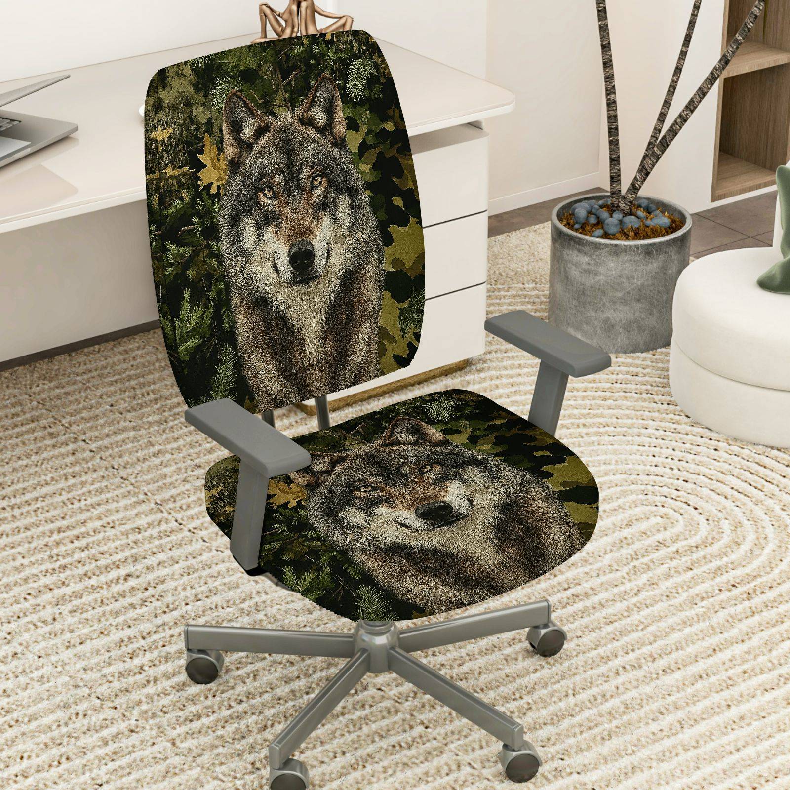 2-Piece Wolf Forest Camouflage Animal Nature Wildlife  Computer Chair Cover Set, Seat and Backrest