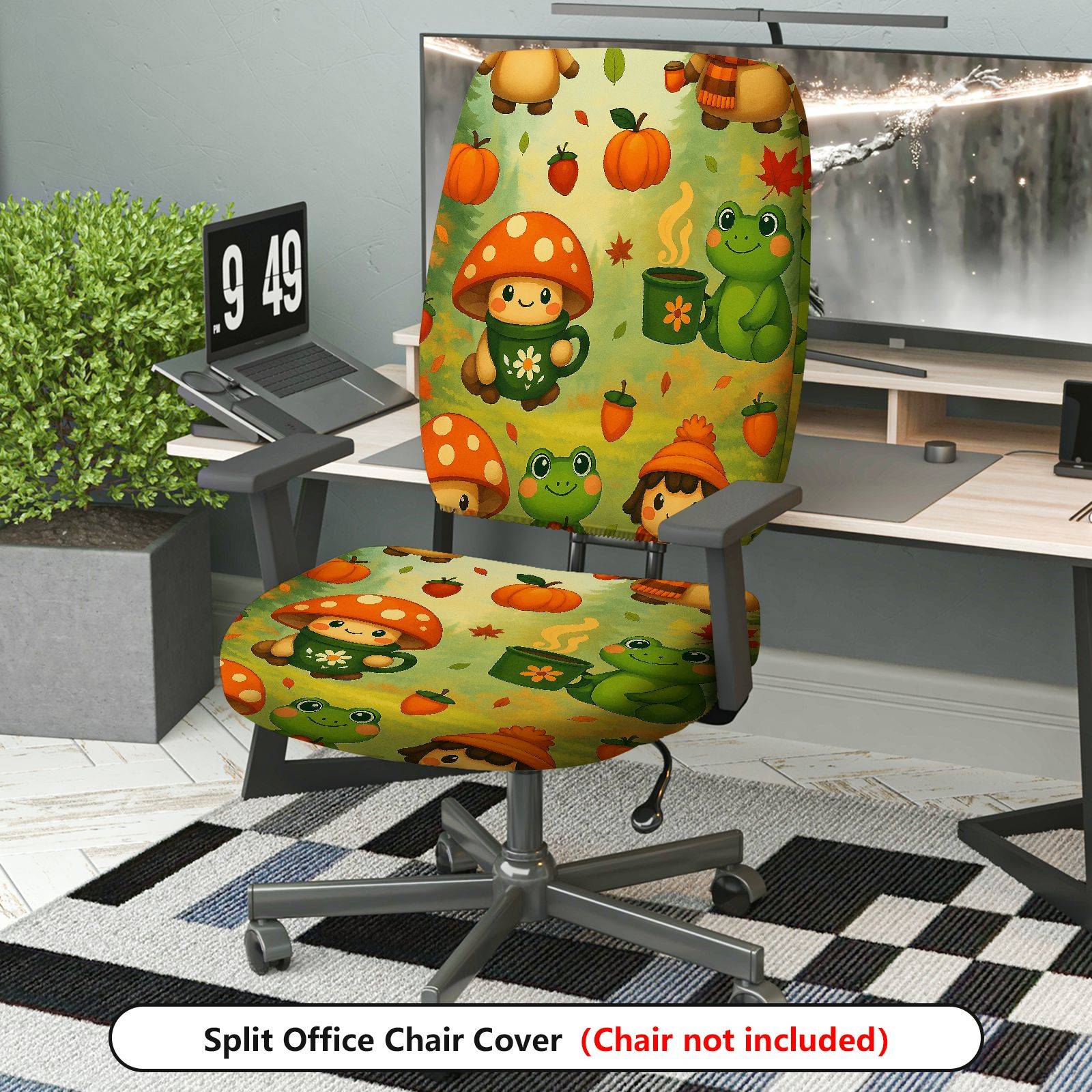 2-Piece Autumn Mushroom Frog Pumpkin Cute  Computer Chair Cover Set, Seat and Backrest