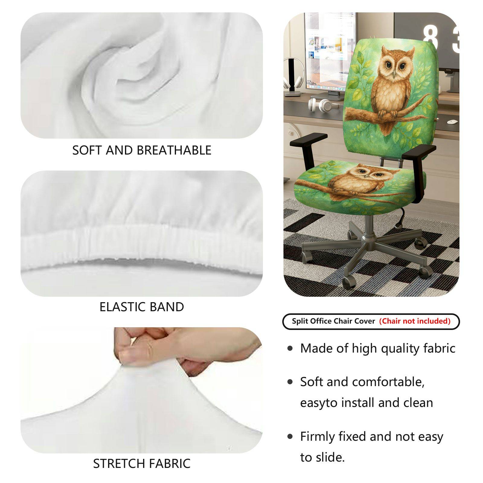 2-Piece Owl Nature Green Art Animal Forest  Computer Chair Cover Set, Seat and Backrest
