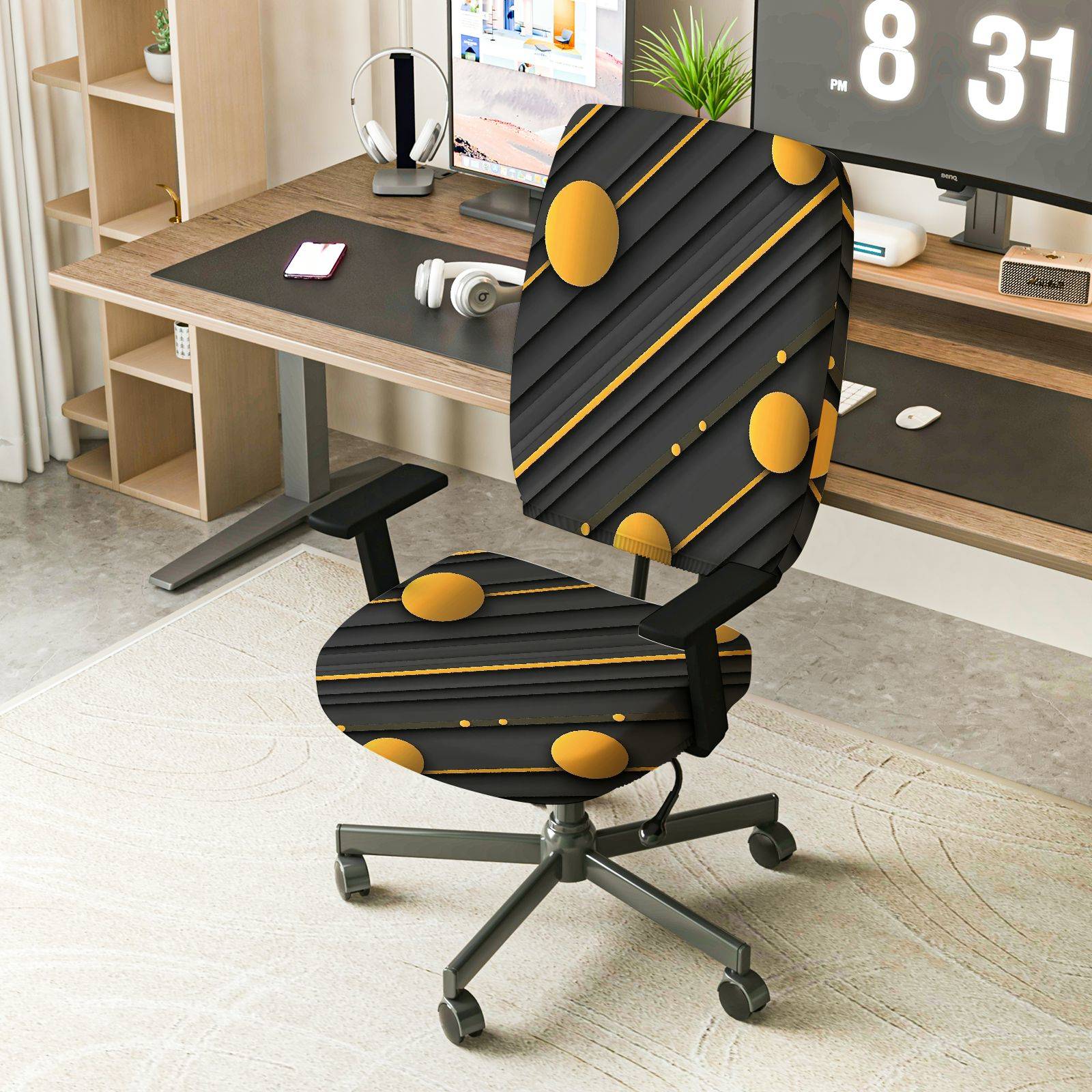 2-Piece Modern Geometric Yellow Black Stylish Trendy  Computer Chair Cover Set, Seat and Backrest