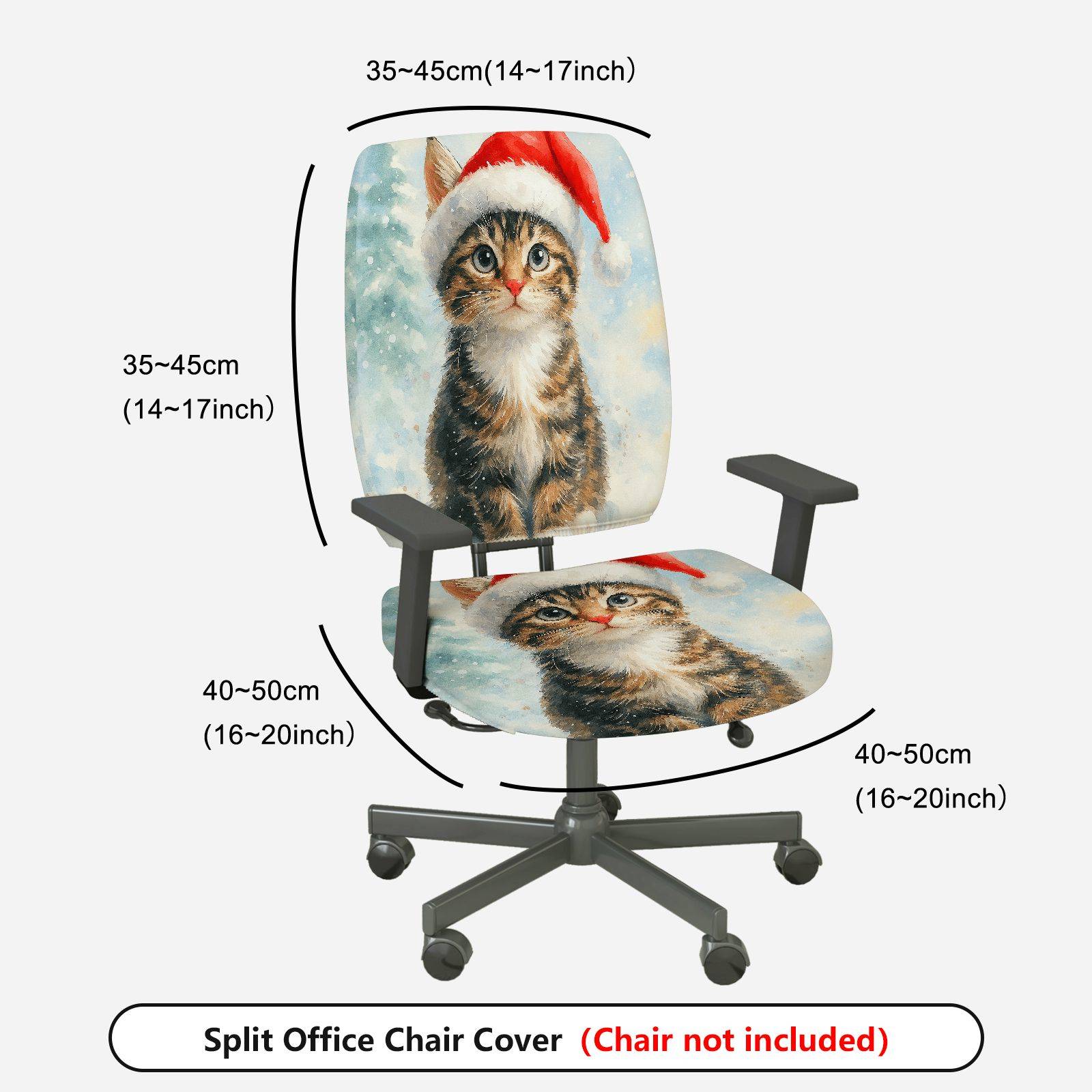 2-Piece Christmas Santa Claus Cat Snow Winter  Computer Chair Cover Set, Seat and Backrest